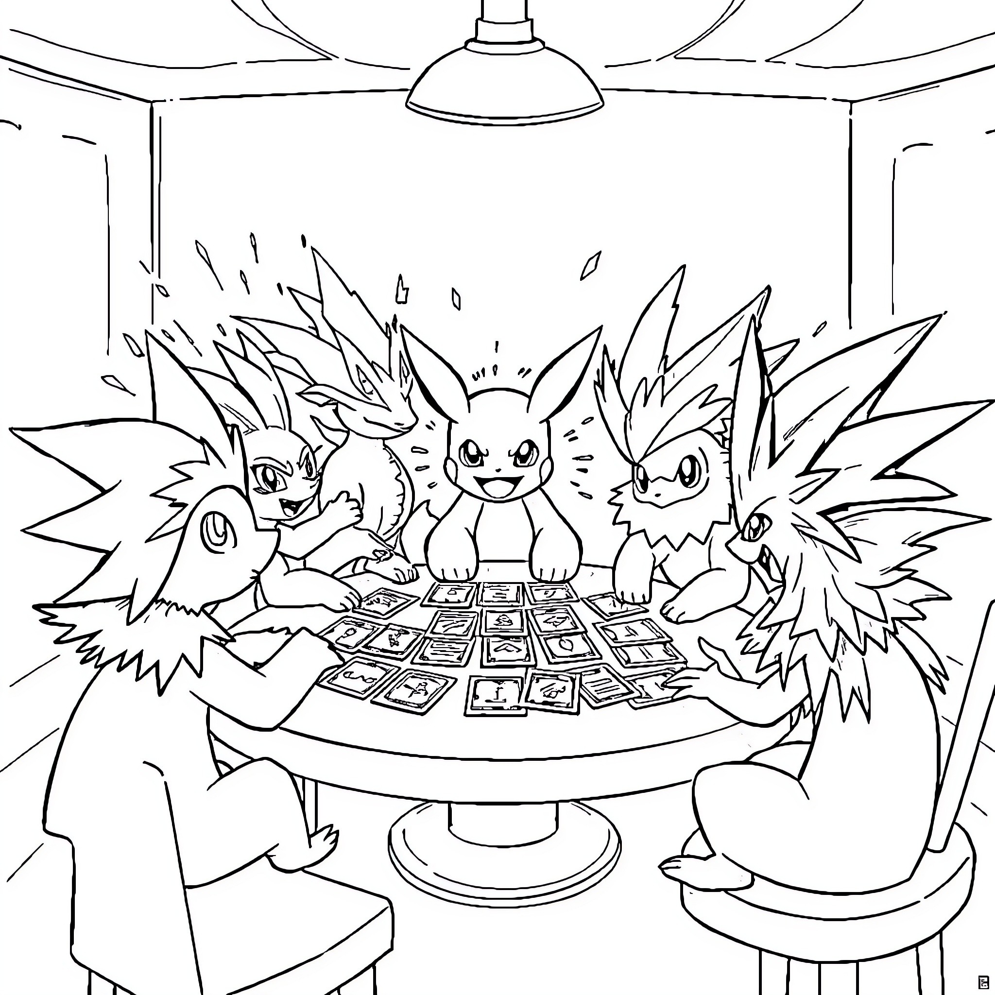 Pokémon playing a game together in a cozy room Coloring Page (free black-and-white line drawing printable PDF for all, from beginners to advanced learners, including children, teens, adults, and seniors)