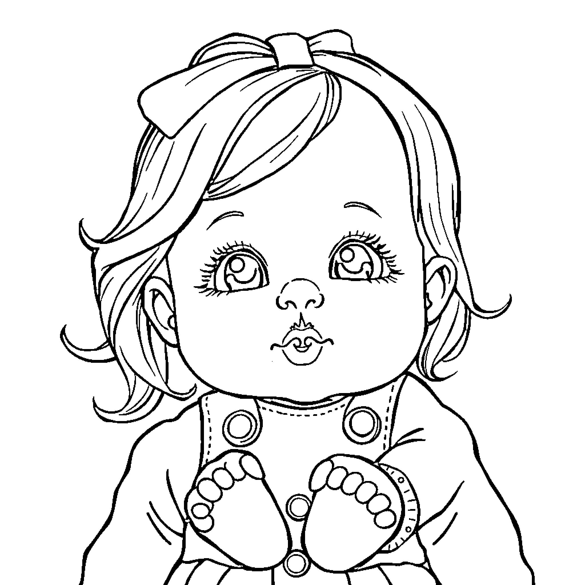 Doll with bow, holding feet Coloring Page (free black-and-white line drawing printable PDF for all, from beginners to advanced learners, including children, teens, adults, and seniors)