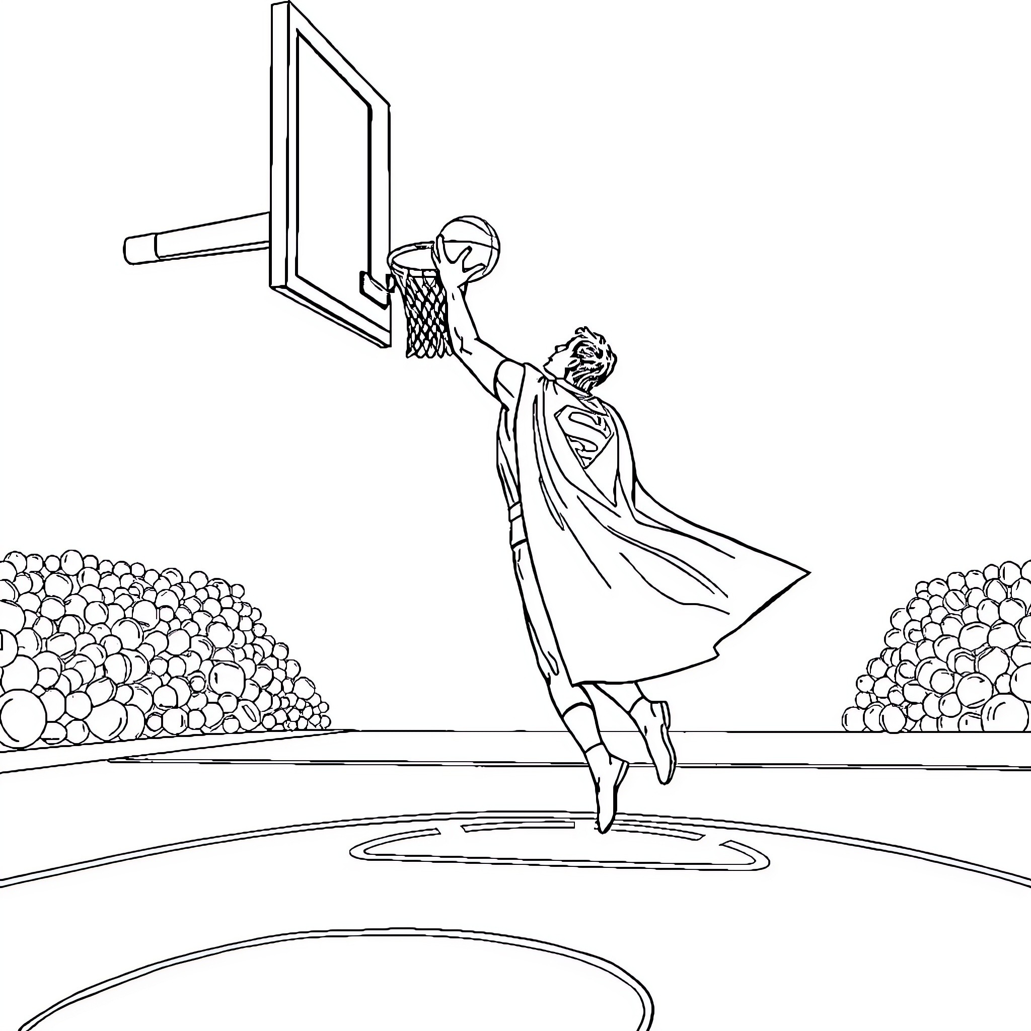 Superman making a slam dunk on basketball court Coloring Page (free black-and-white line drawing printable PDF for all, from beginners to advanced learners, including children, teens, adults, and seniors)