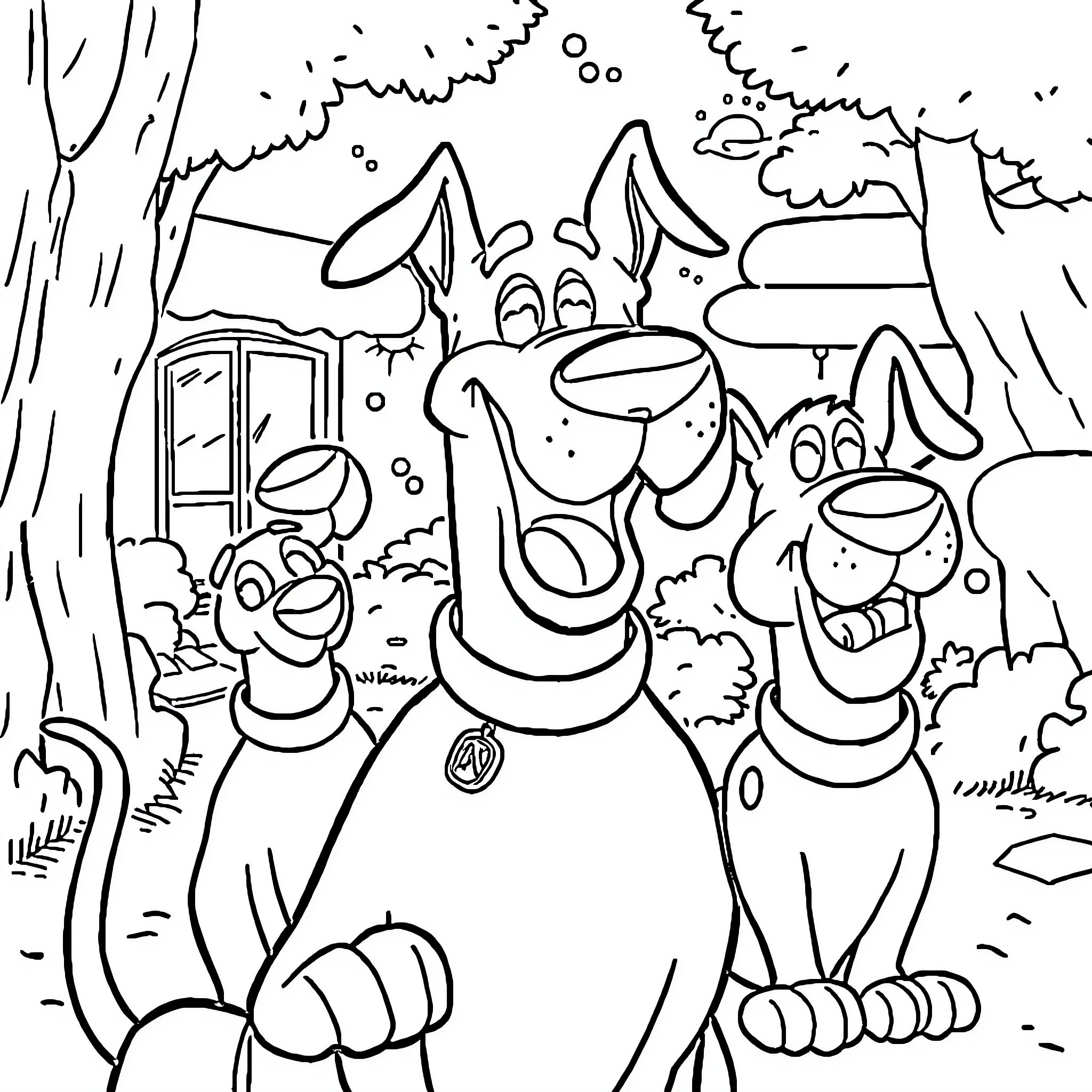 Scooby Doo and friends explore the wilderness Coloring Page (free black-and-white line drawing printable PDF for all, from beginners to advanced learners, including children, teens, adults, and seniors)
