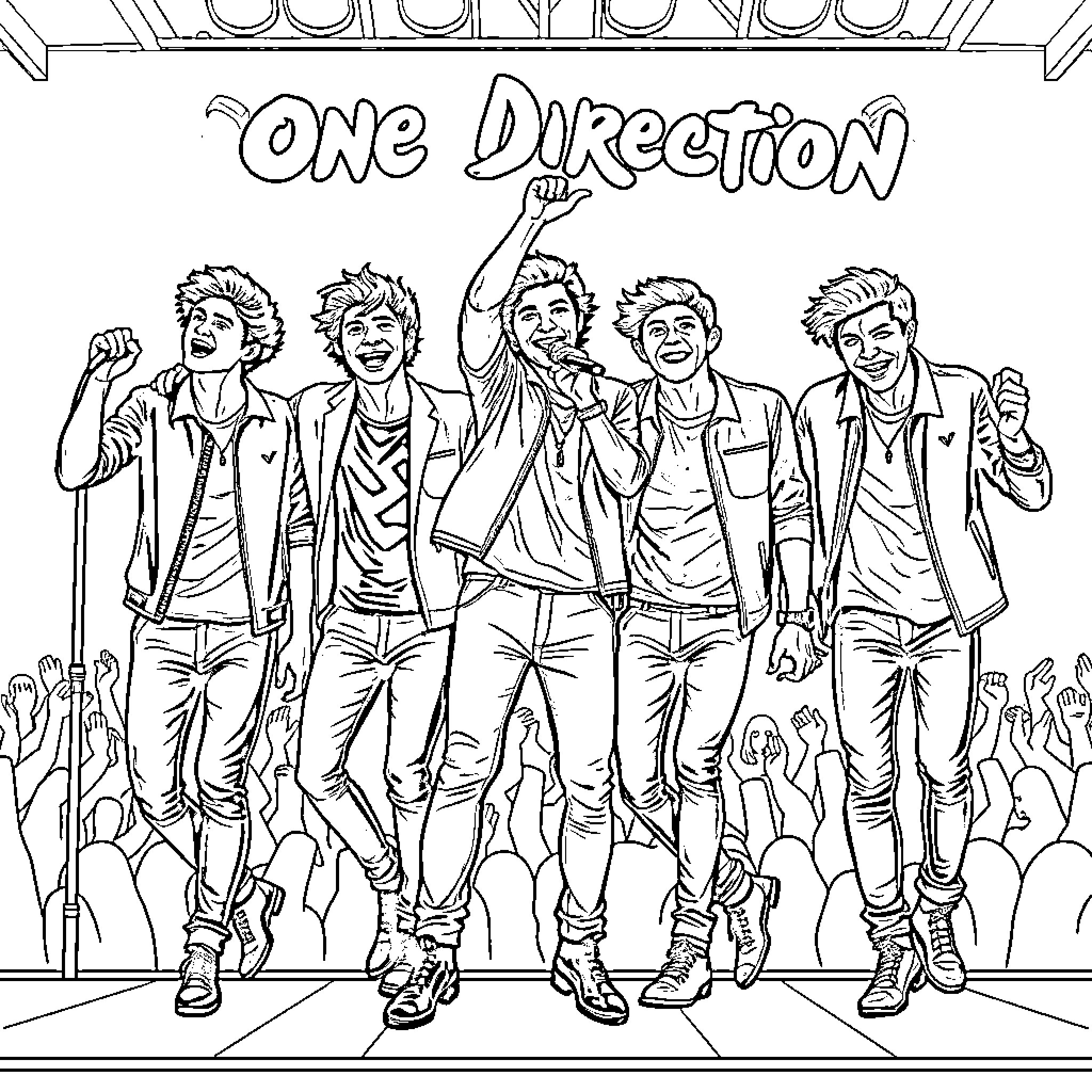 One Direction Performing Energetically on Stage Coloring Page (free black-and-white line drawing printable PDF for all, from beginners to advanced learners, including children, teens, adults, and seniors)