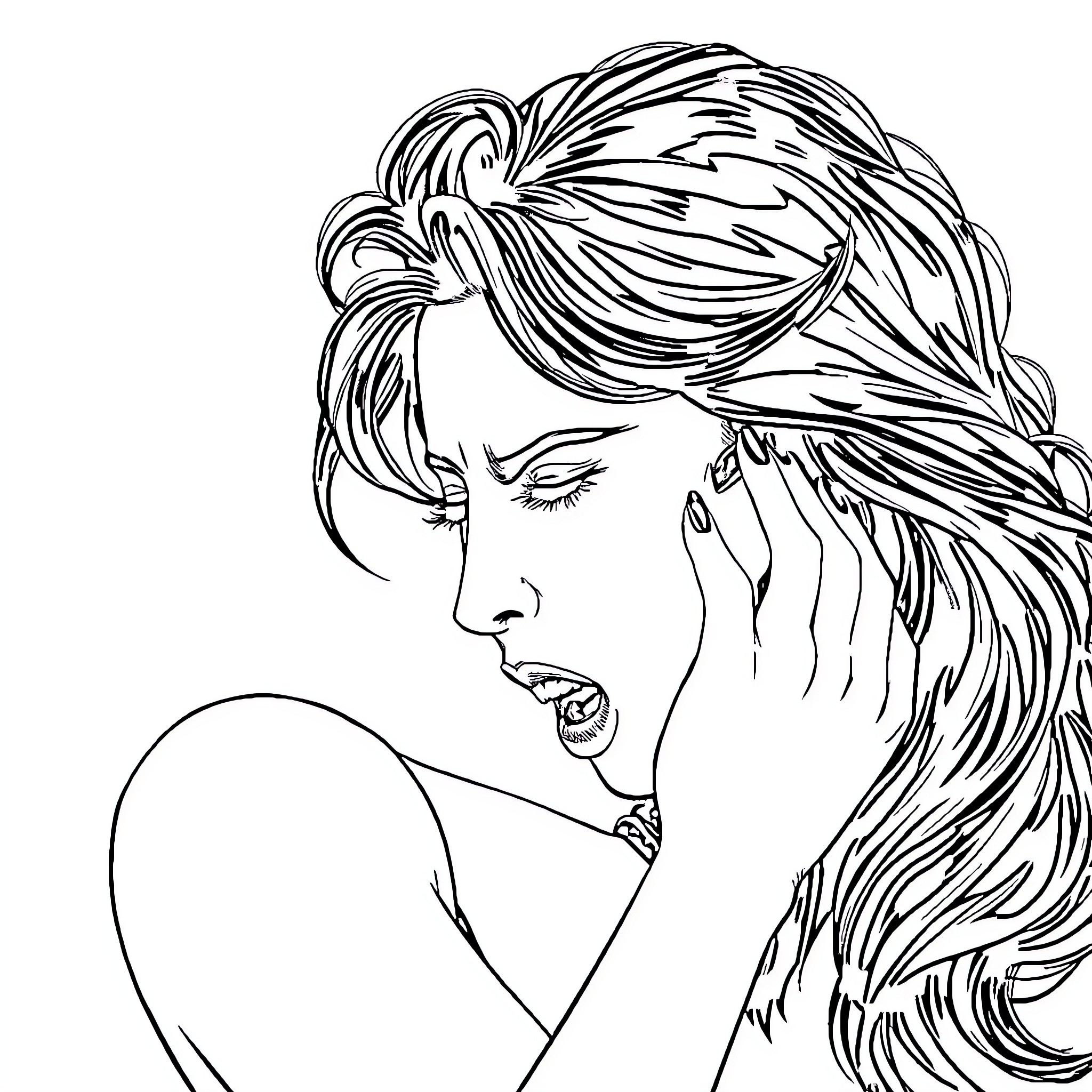Elona Berisha contemplating with expressive features Coloring Page (free black-and-white line drawing printable PDF for all, from beginners to advanced learners, including children, teens, adults, and seniors)