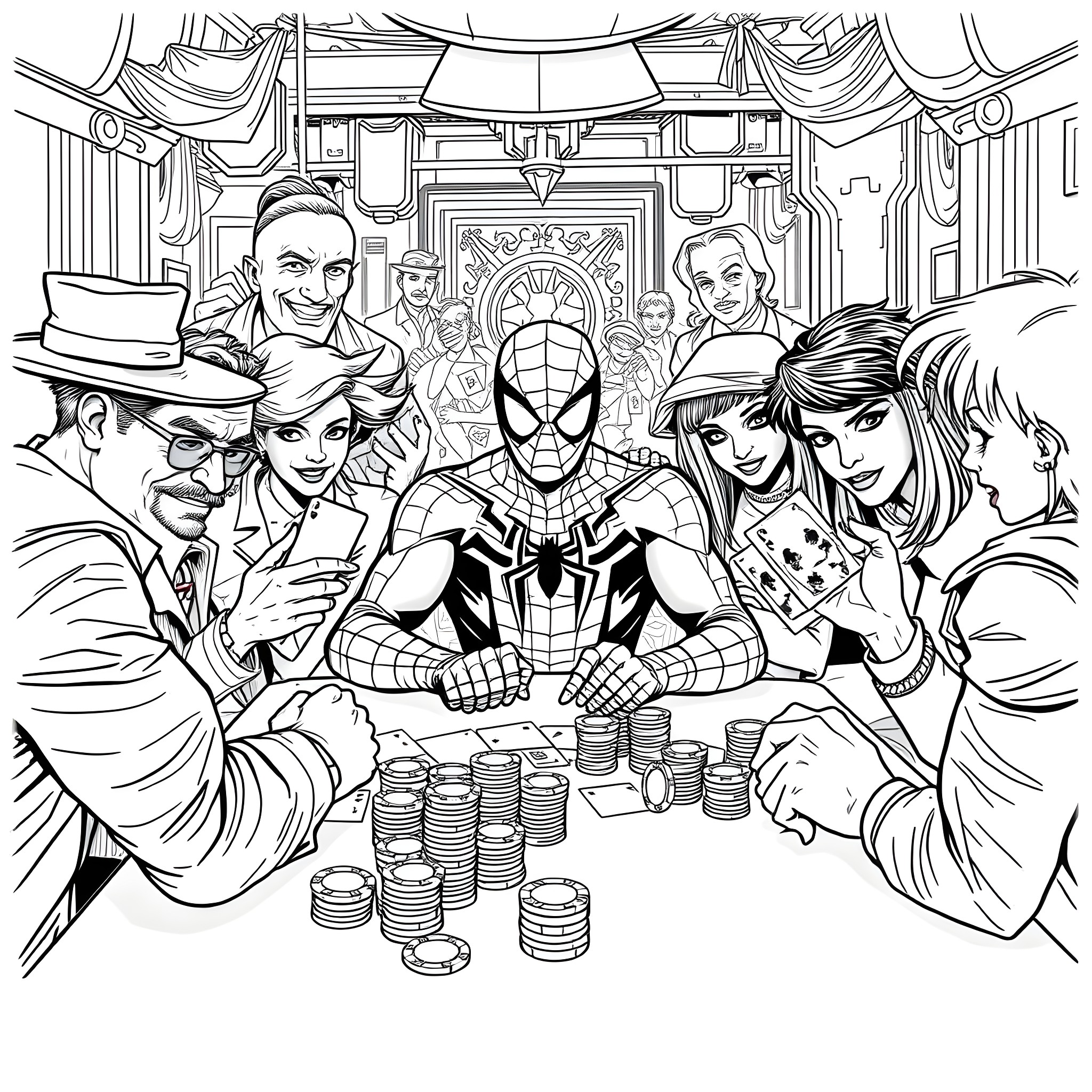 Spiderman surrounded by friends and foes in an exciting scene Coloring Page (free black-and-white line drawing printable PDF for all, from beginners to advanced learners, including children, teens, adults, and seniors)