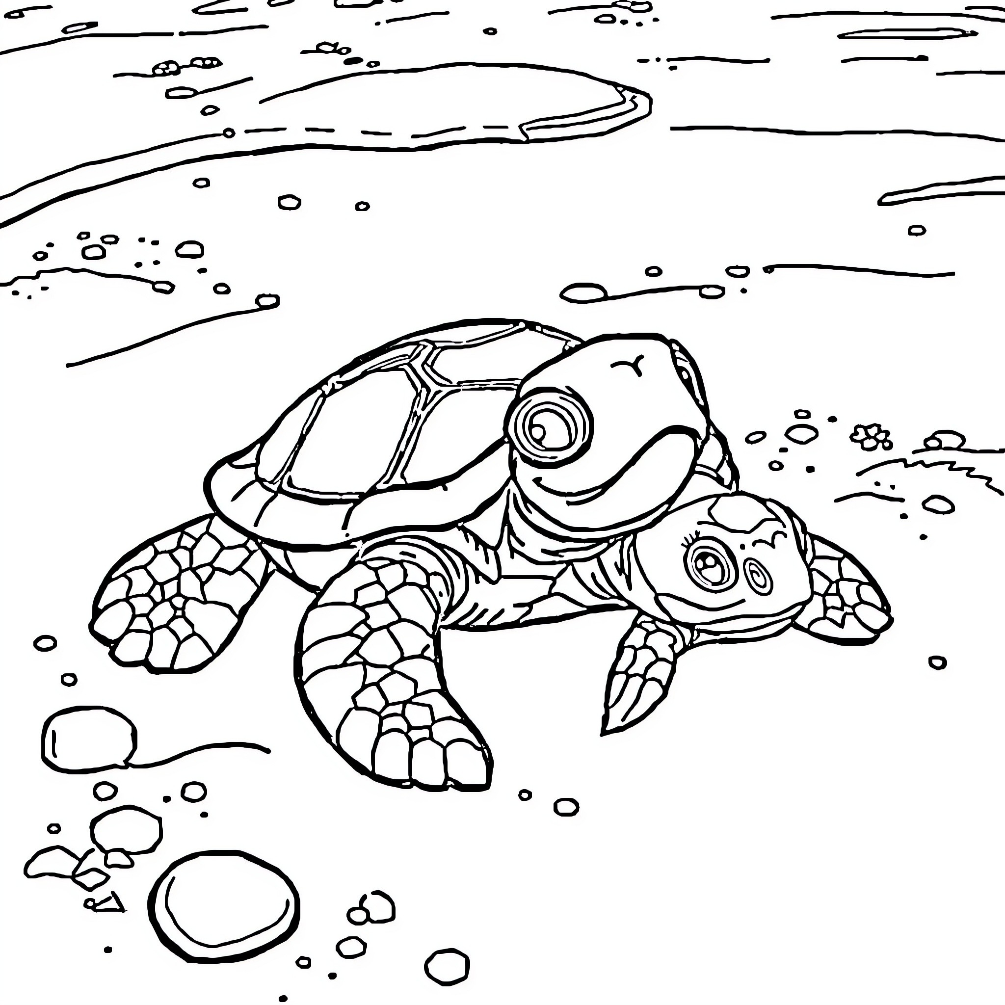 Turtle swimming in the ocean Coloring Page (free black-and-white line drawing printable PDF for all, from beginners to advanced learners, including children, teens, adults, and seniors)