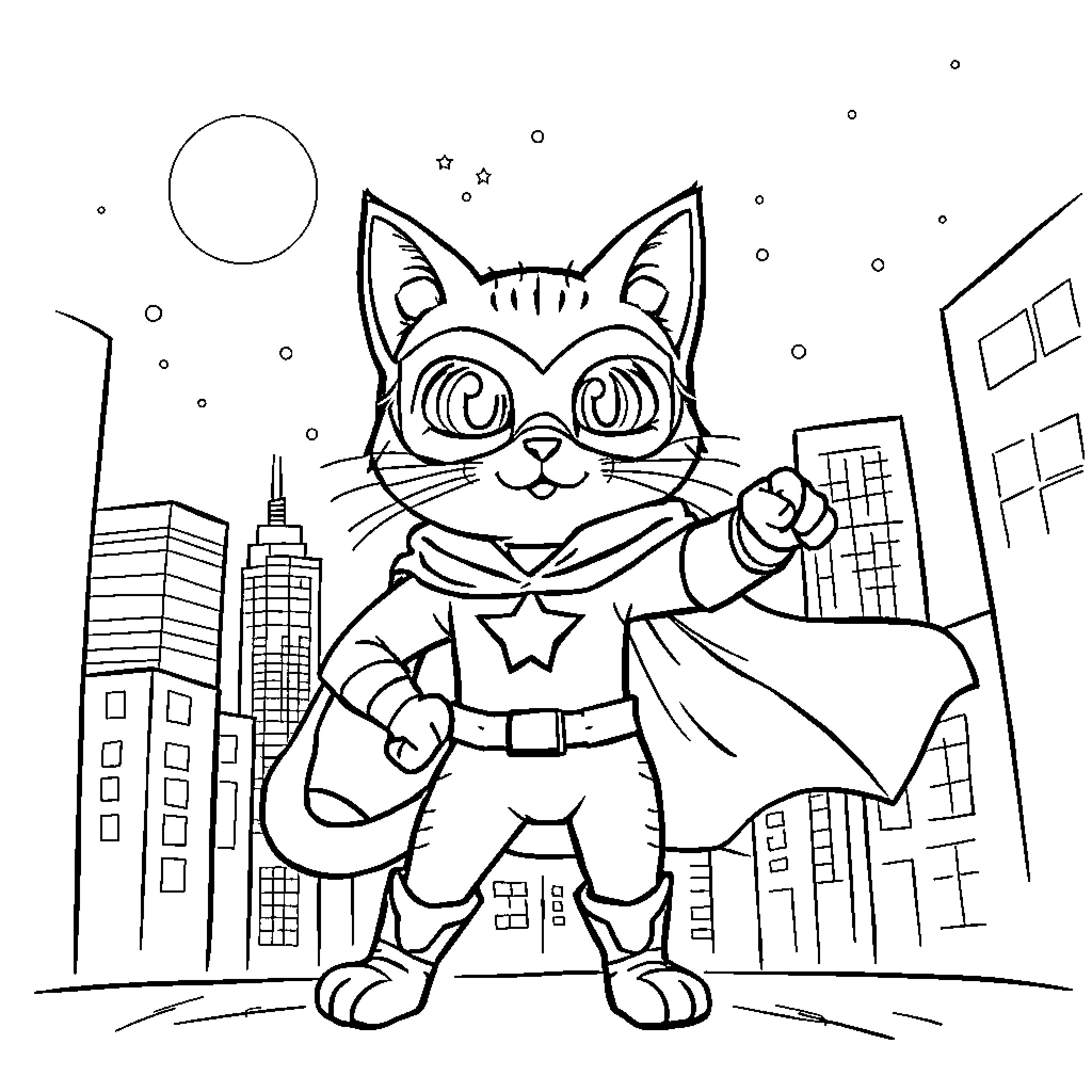 Cat superhero in the city Coloring Page (free black-and-white line drawing printable PDF for all, from beginners to advanced learners, including children, teens, adults, and seniors)