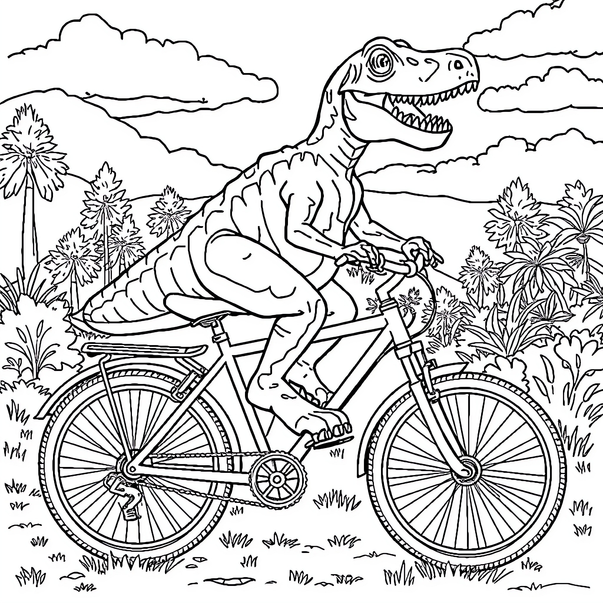 Dinosaur riding a bicycle through the countryside Coloring Page (free black-and-white line drawing printable PDF for all, from beginners to advanced learners, including children, teens, adults, and seniors)