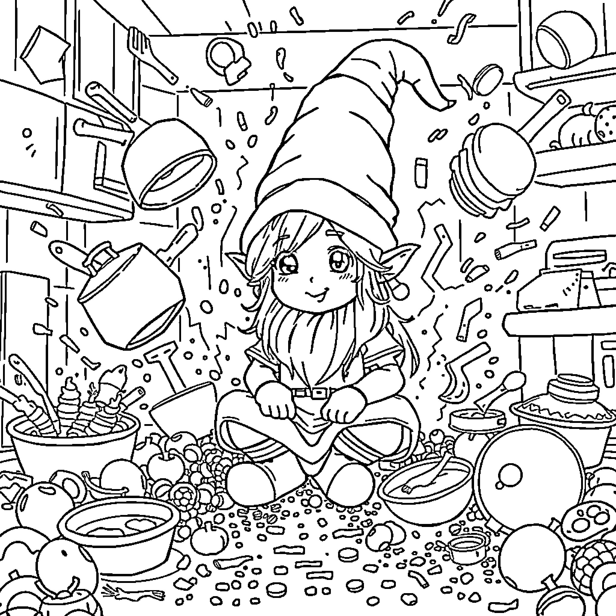Gnome surrounded by magical tools and ingredients Coloring Page (free black-and-white line drawing printable PDF for all, from beginners to advanced learners, including children, teens, adults, and seniors)
