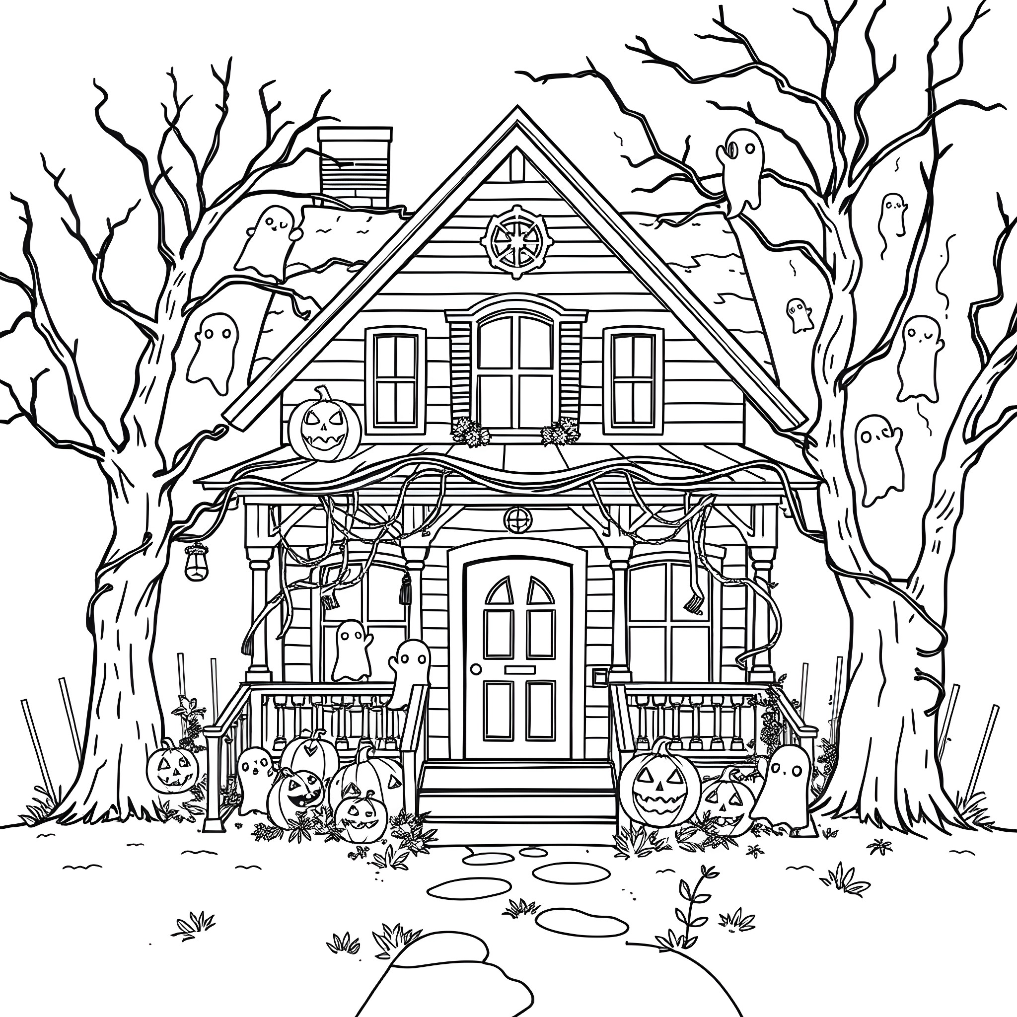 House with ghostly and spooky Halloween decor Coloring Page (free black-and-white line drawing printable PDF for all, from beginners to advanced learners, including children, teens, adults, and seniors)