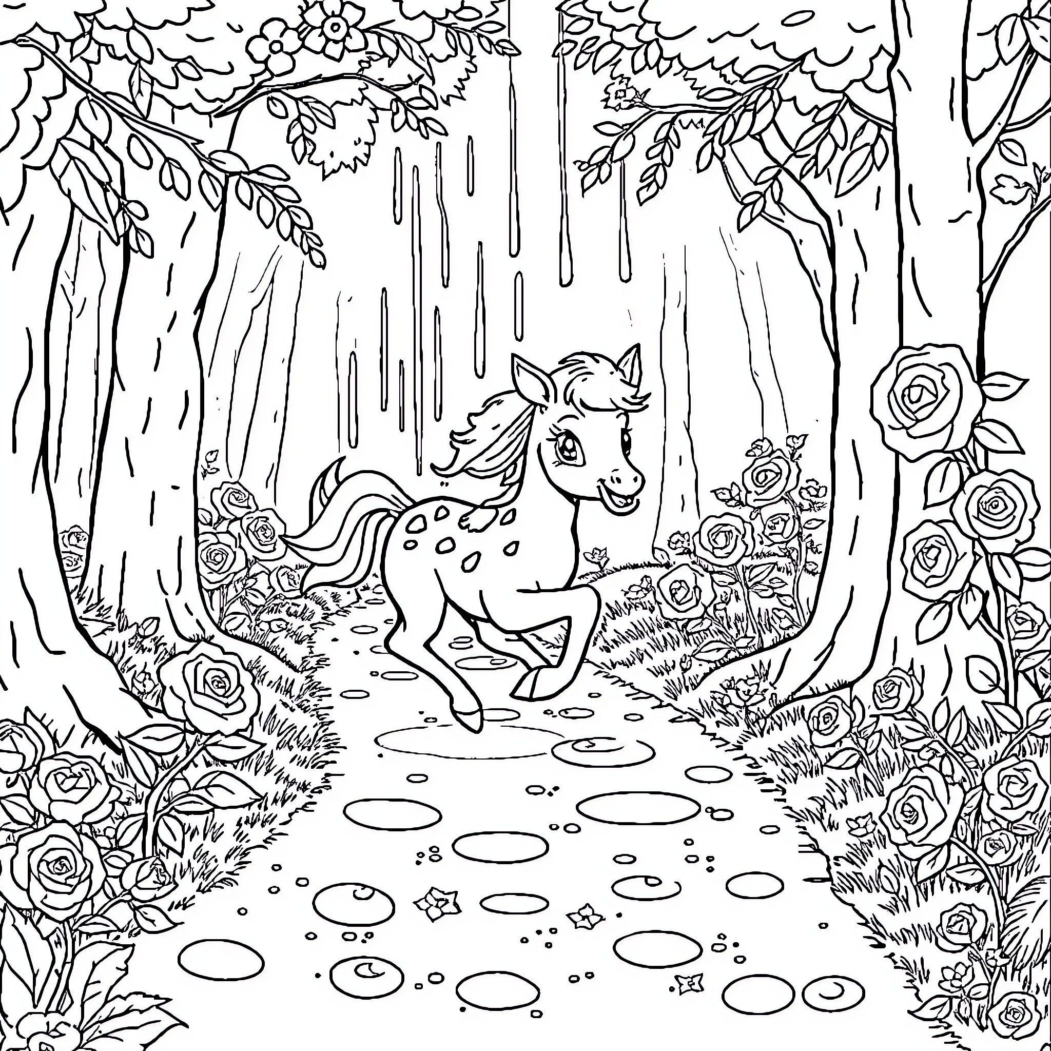Nina's Adventure in the Enchanted Forest Coloring Page (free black-and-white line drawing printable PDF for all, from beginners to advanced learners, including children, teens, adults, and seniors)