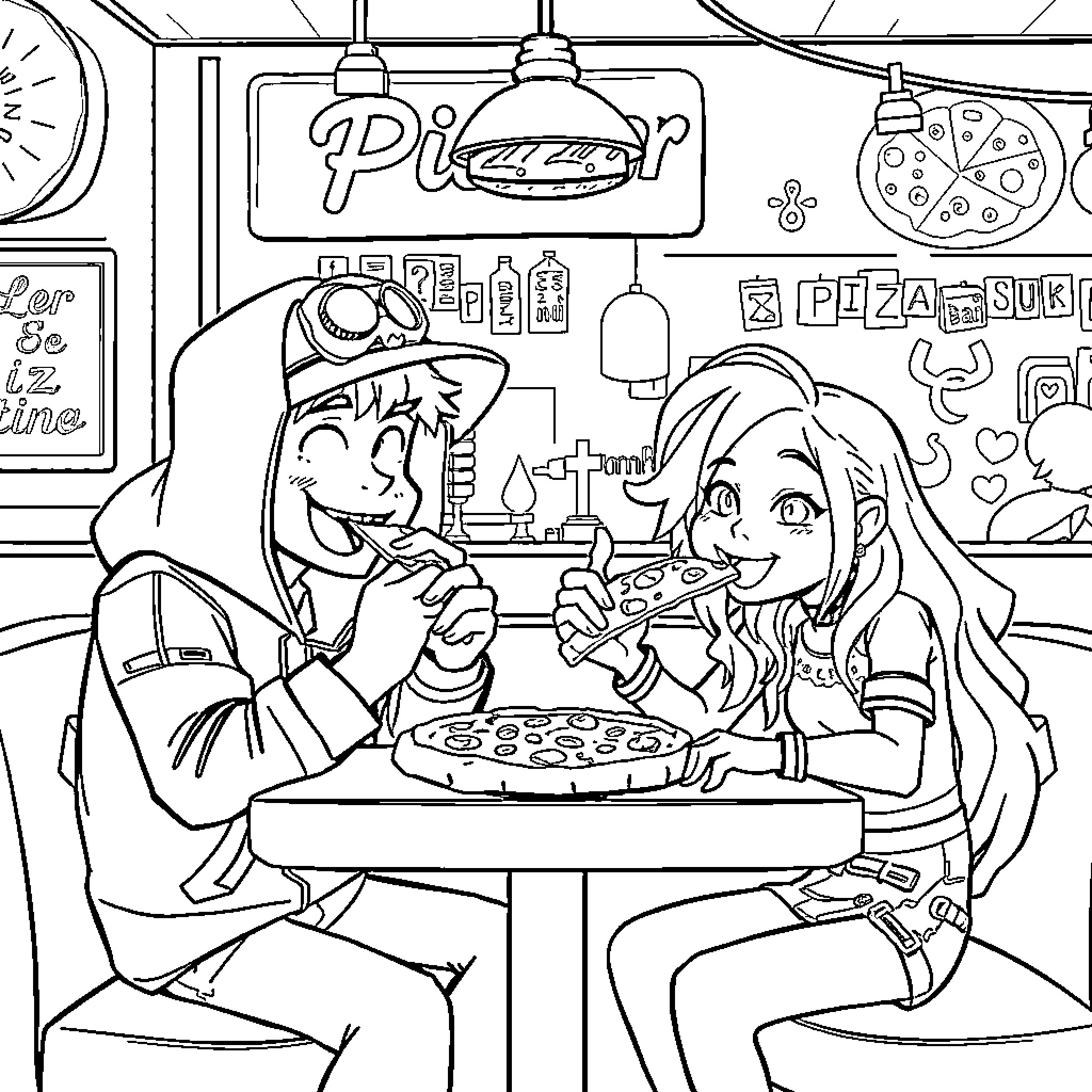 Hunter Duo Enjoying Tasty Pizza at the Pizzeria Coloring Page (free black-and-white line drawing printable PDF for all, from beginners to advanced learners, including children, teens, adults, and seniors)