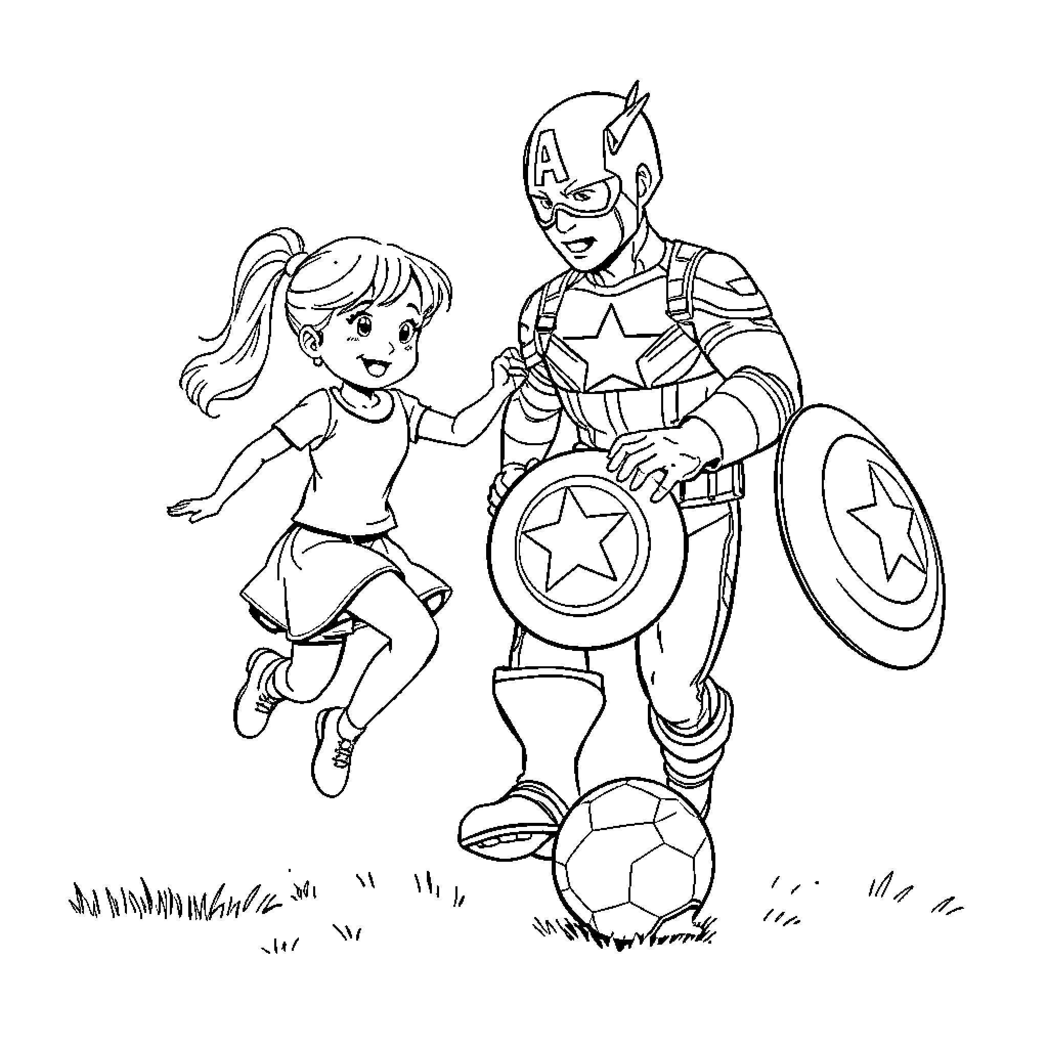 Gaby plays with Captain America in the park Coloring Page (free black-and-white line drawing printable PDF for all, from beginners to advanced learners, including children, teens, adults, and seniors)