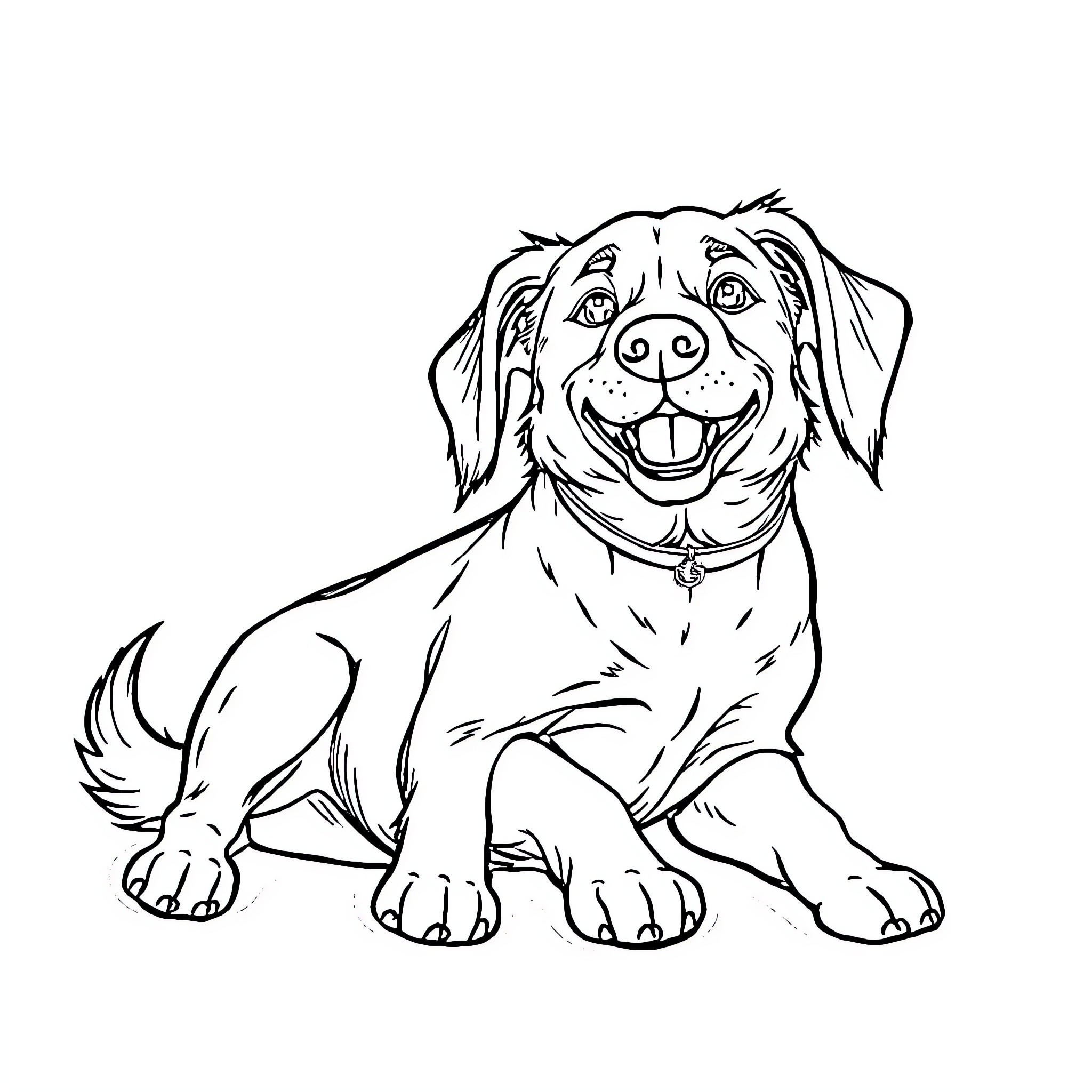 Dog sitting happily with friendly expression Coloring Page (free black-and-white line drawing printable PDF for all, from beginners to advanced learners, including children, teens, adults, and seniors)