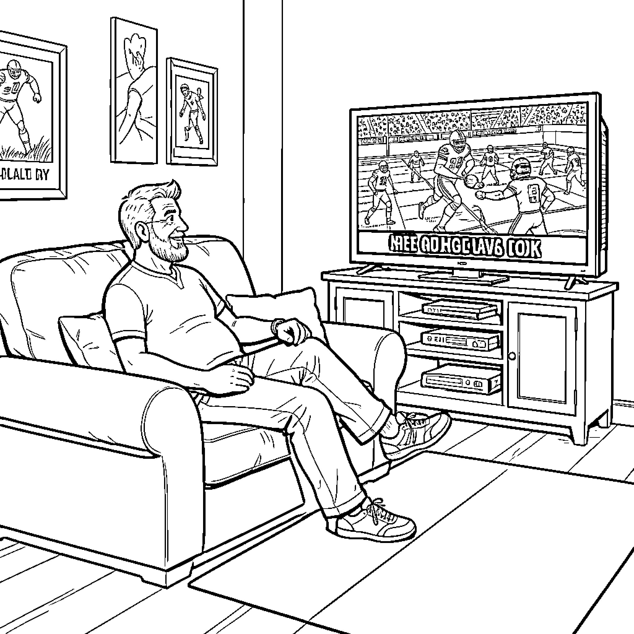 Dad relaxing on a sofa watching a football game Coloring Page (free black-and-white line drawing printable PDF for all, from beginners to advanced learners, including children, teens, adults, and seniors)