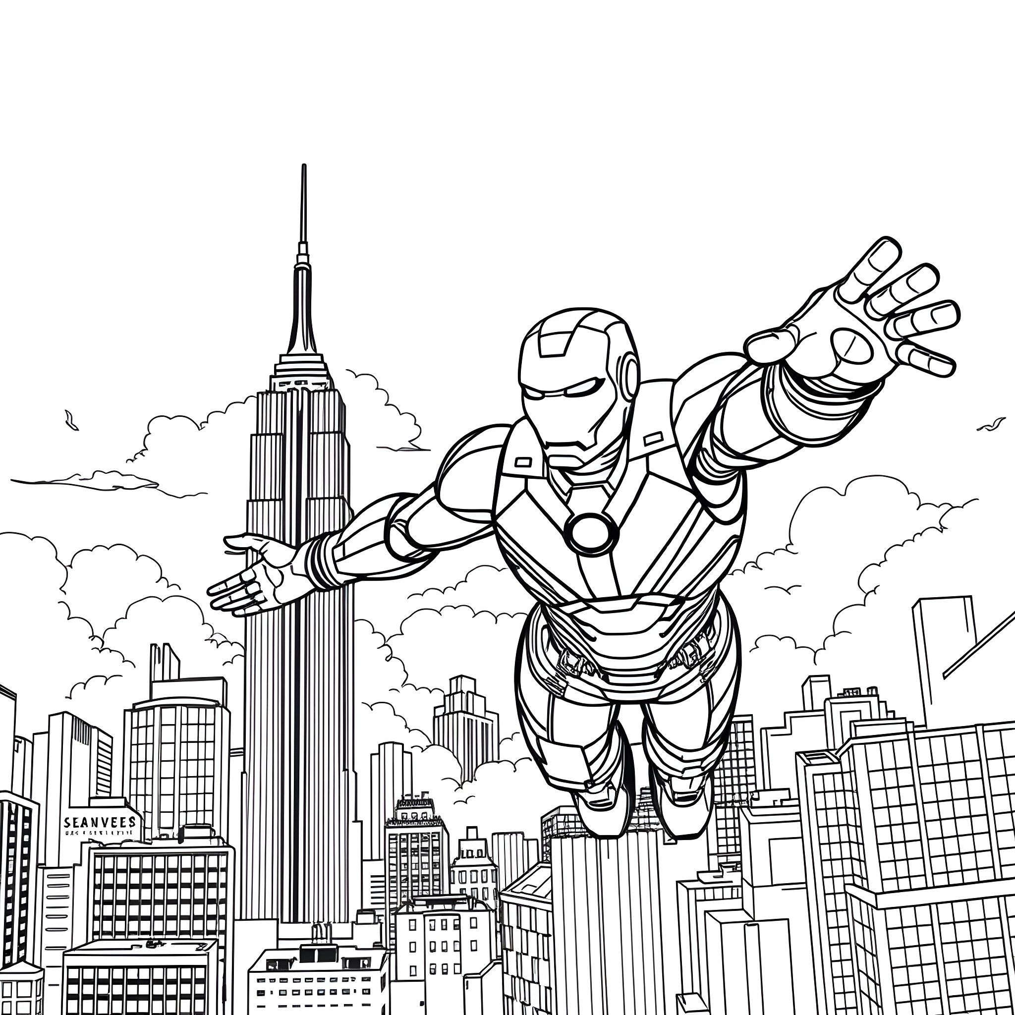Ironman in heroic action over a cityscape Coloring Page (free black-and-white line drawing printable PDF for all, from beginners to advanced learners, including children, teens, adults, and seniors)