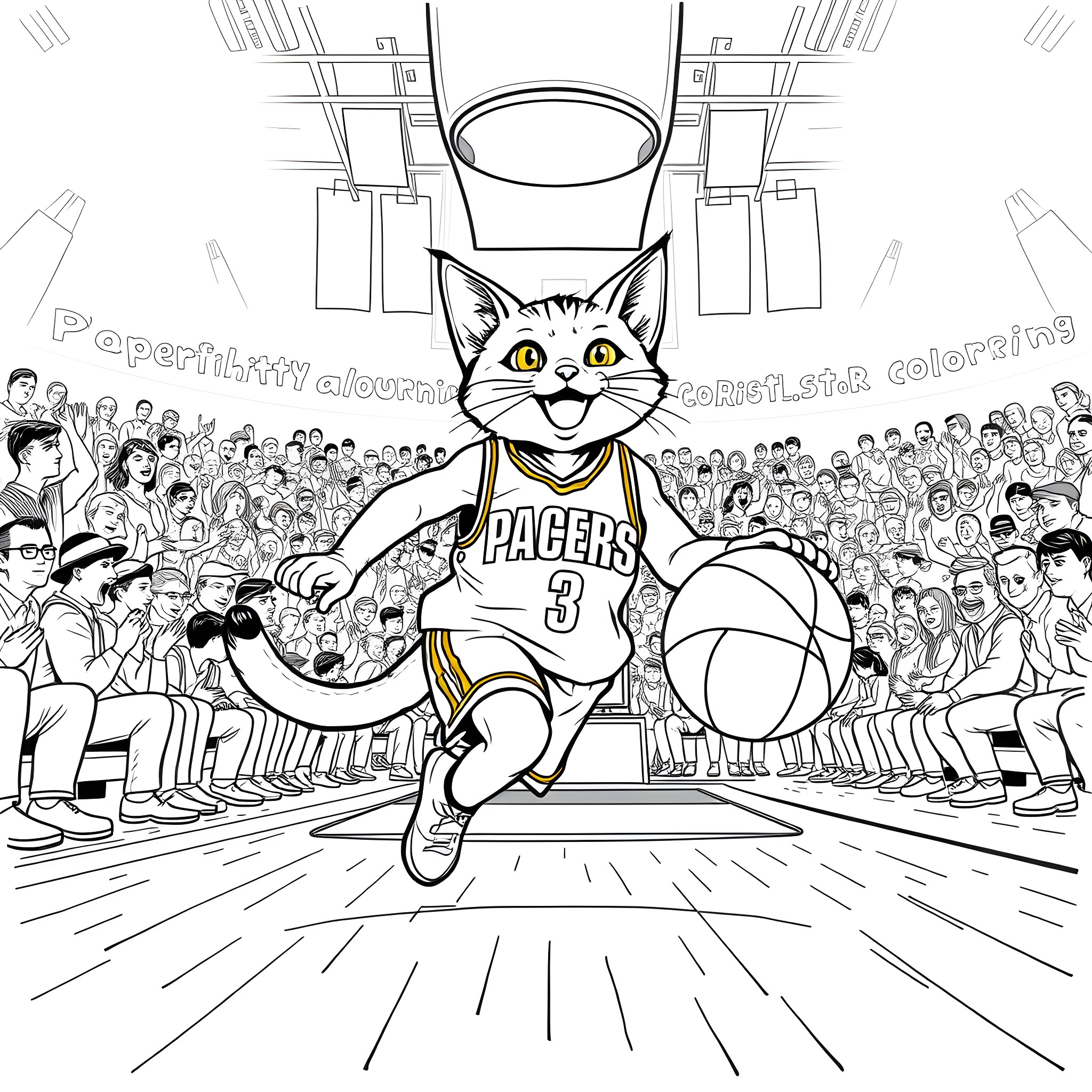Cat basketball player on the court Coloring Page (free black-and-white line drawing printable PDF for all, from beginners to advanced learners, including children, teens, adults, and seniors)