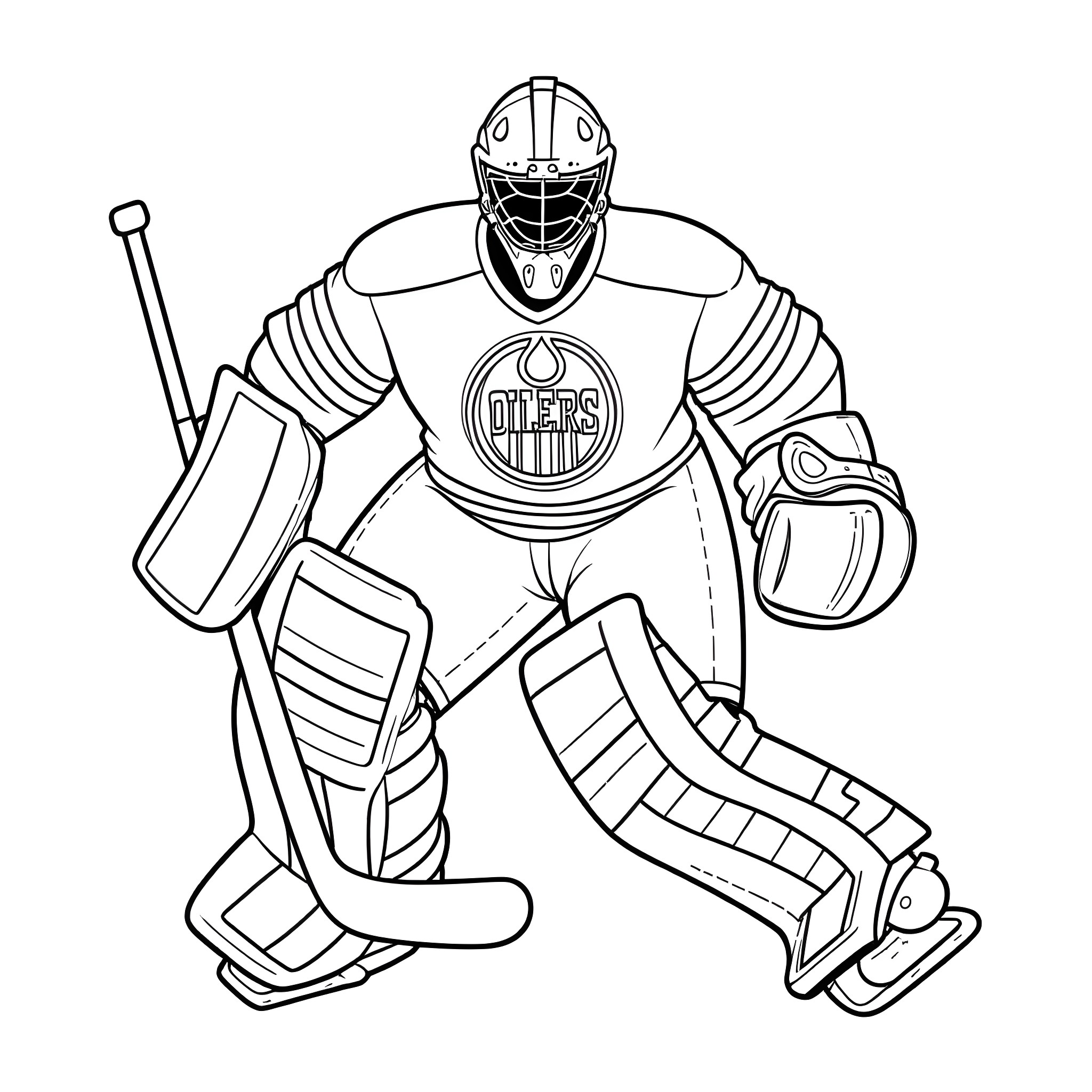 Hockey Goalie in Protective Gear on the Ice Coloring Page (free black-and-white line drawing printable PDF for all, from beginners to advanced learners, including children, teens, adults, and seniors)