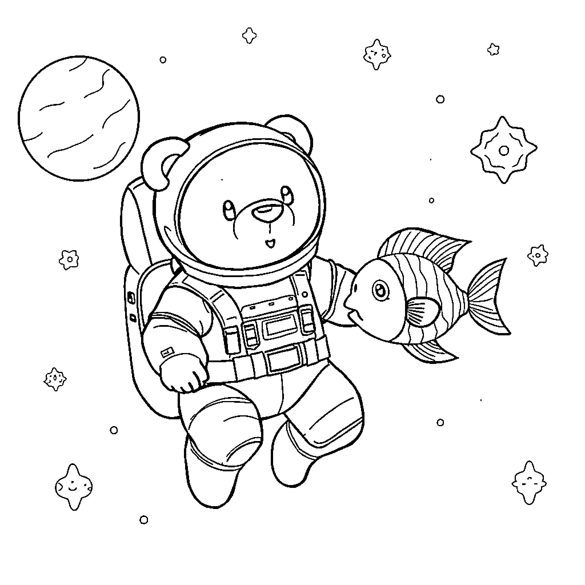 Bear astronaut exploring space with fish companion Coloring Page (free black-and-white line drawing printable PDF for all, from beginners to advanced learners, including children, teens, adults, and seniors)