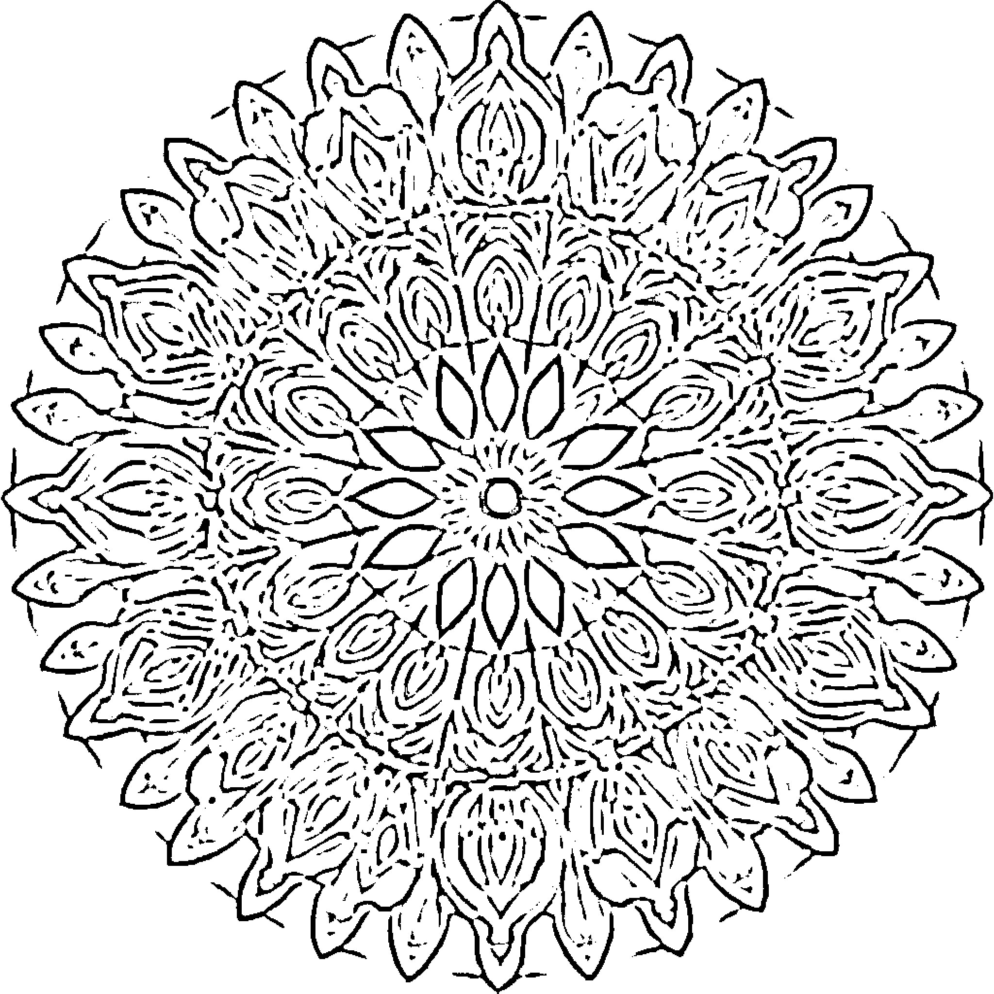 Mandala of intricate floral patterns Coloring Page (free black-and-white line drawing printable PDF for all, from beginners to advanced learners, including children, teens, adults, and seniors)