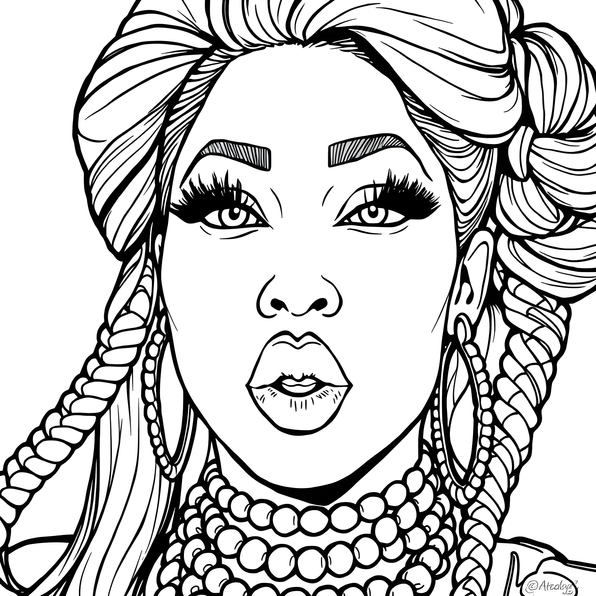 Nicki Minaj's Glamorous Persona Coloring Page (free black-and-white line drawing printable PDF for all, from beginners to advanced learners, including children, teens, adults, and seniors)