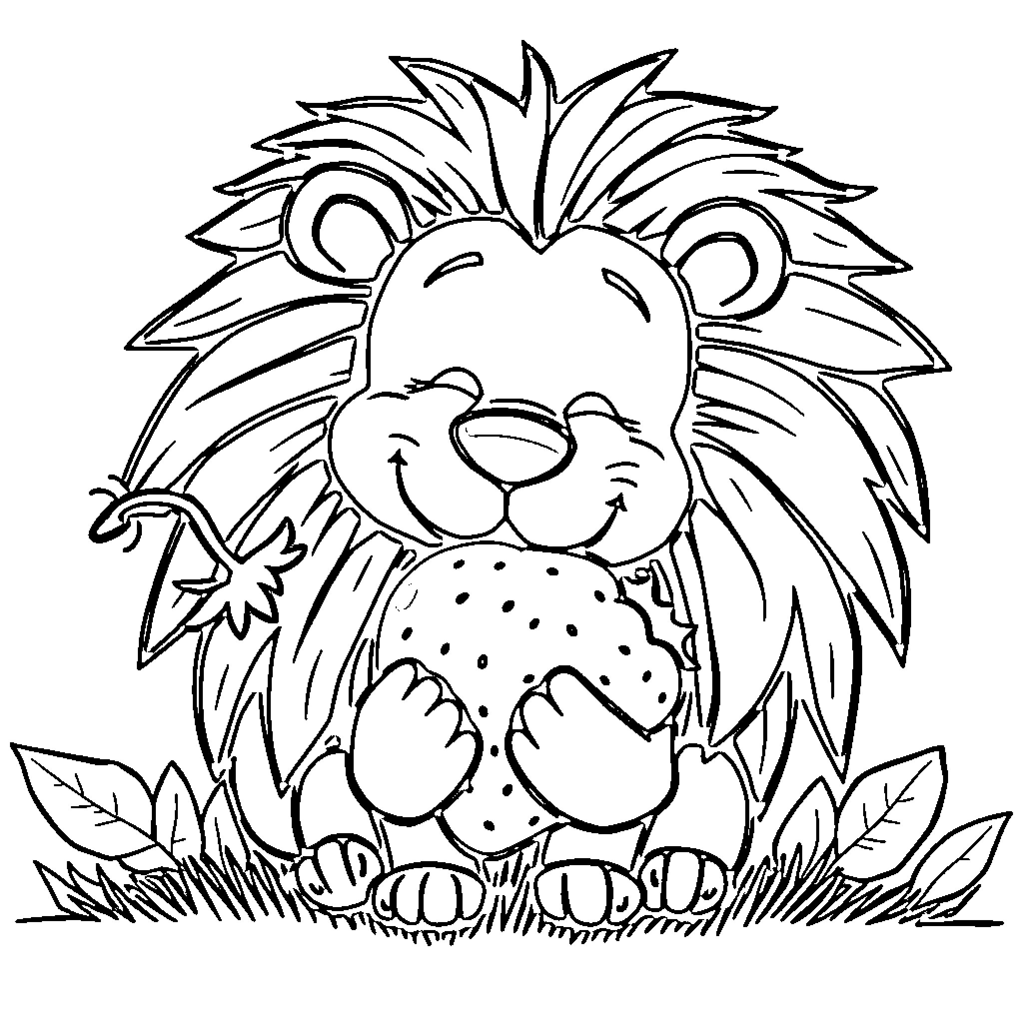 Lion resting contentedly in grassy environment Coloring Page (free black-and-white line drawing printable PDF for all, from beginners to advanced learners, including children, teens, adults, and seniors)