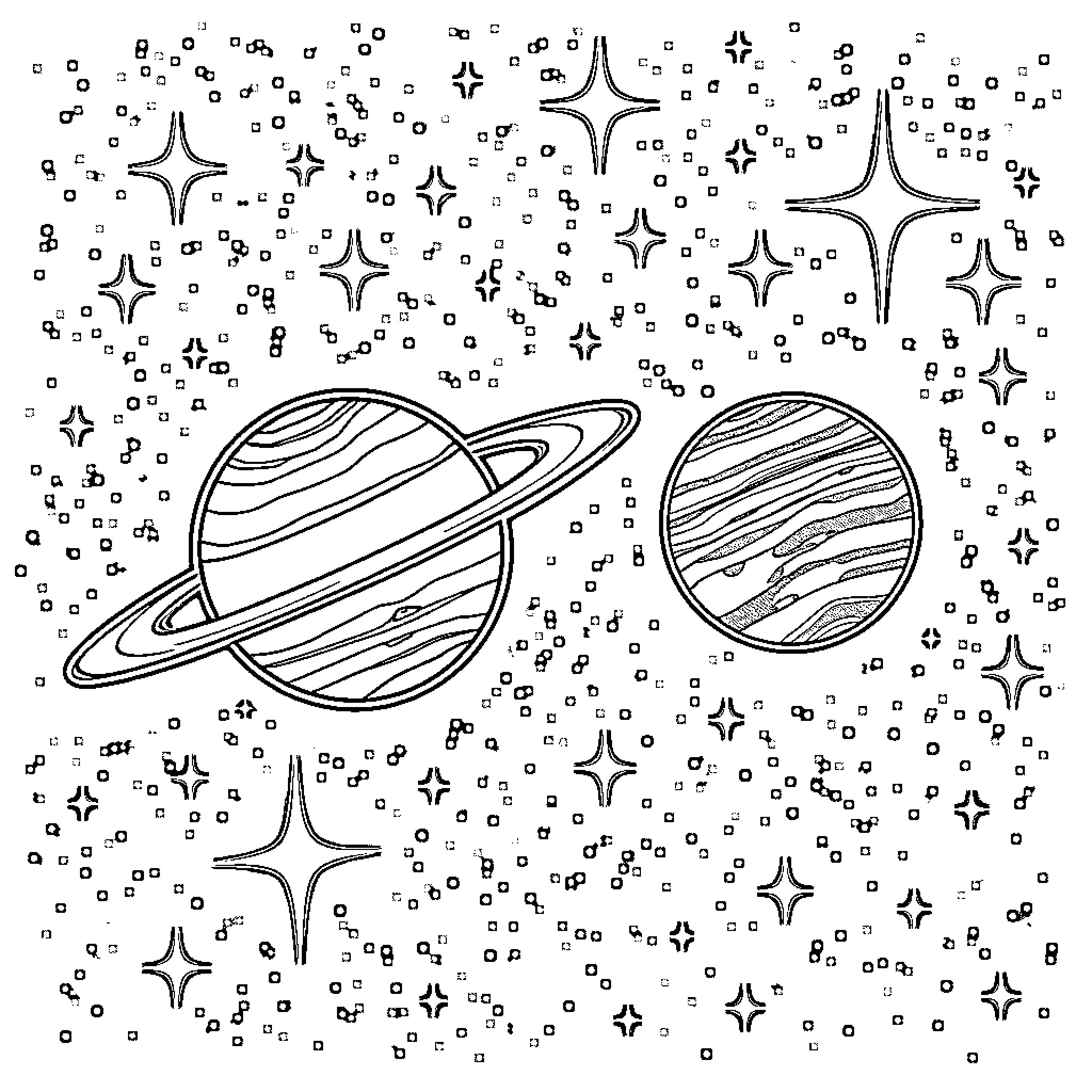 Saturn and Jupiter in the starry night Coloring Page (free black-and-white line drawing printable PDF for all, from beginners to advanced learners, including children, teens, adults, and seniors)