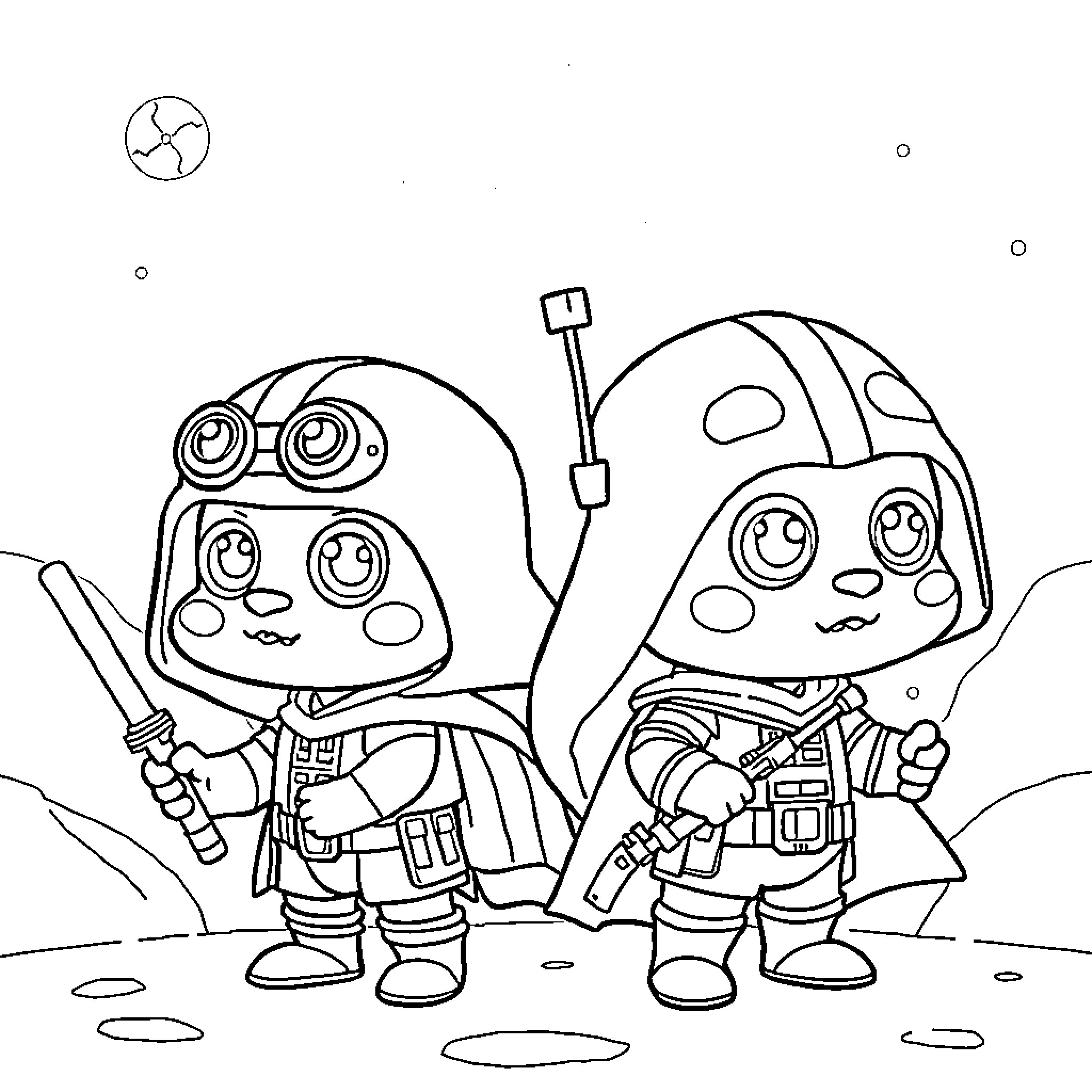 Bluey and friends on a space adventure Coloring Page (free black-and-white line drawing printable PDF for all, from beginners to advanced learners, including children, teens, adults, and seniors)