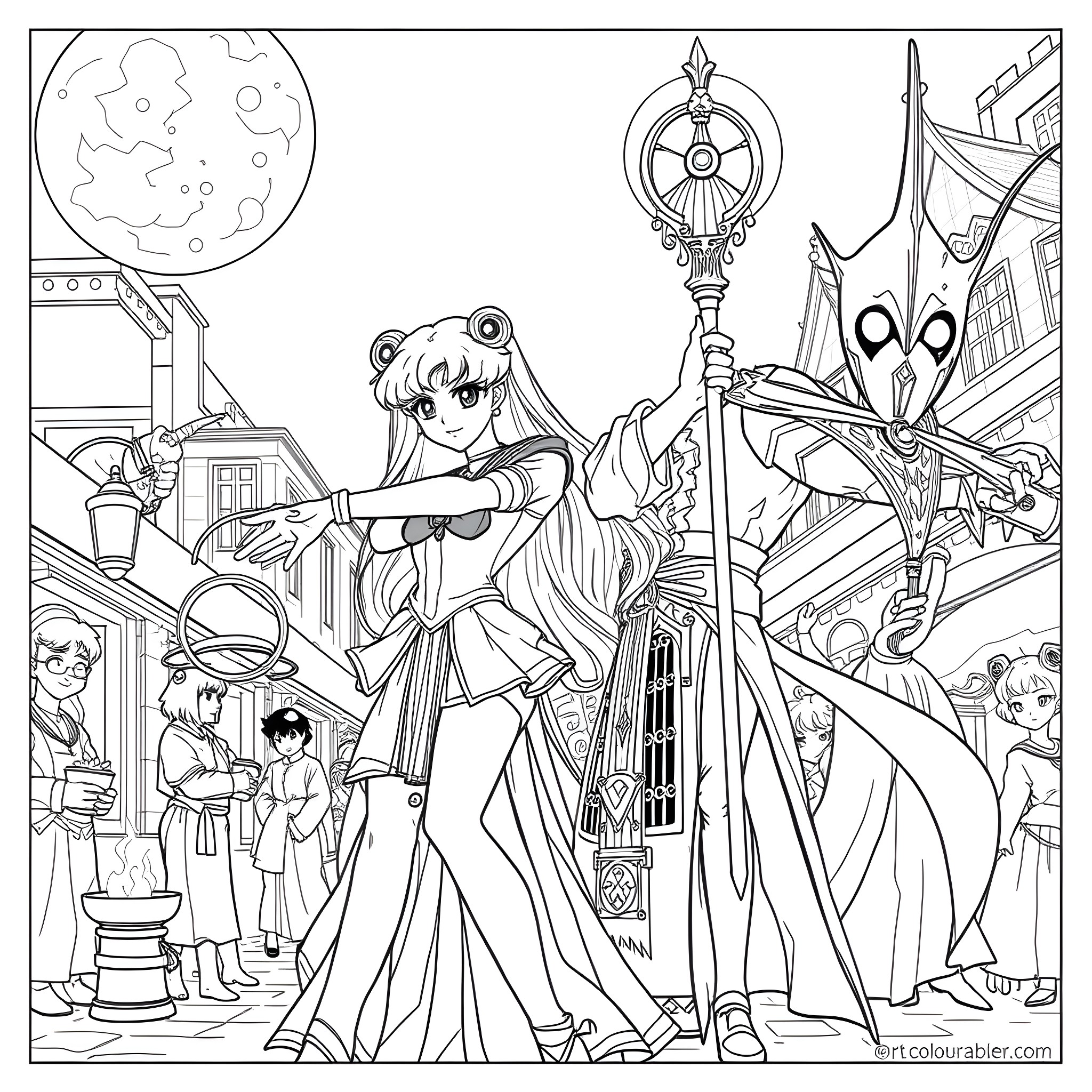 Sailor Moon's Magical Transformation and Adventure Coloring Page (free black-and-white line drawing printable PDF for all, from beginners to advanced learners, including children, teens, adults, and seniors)