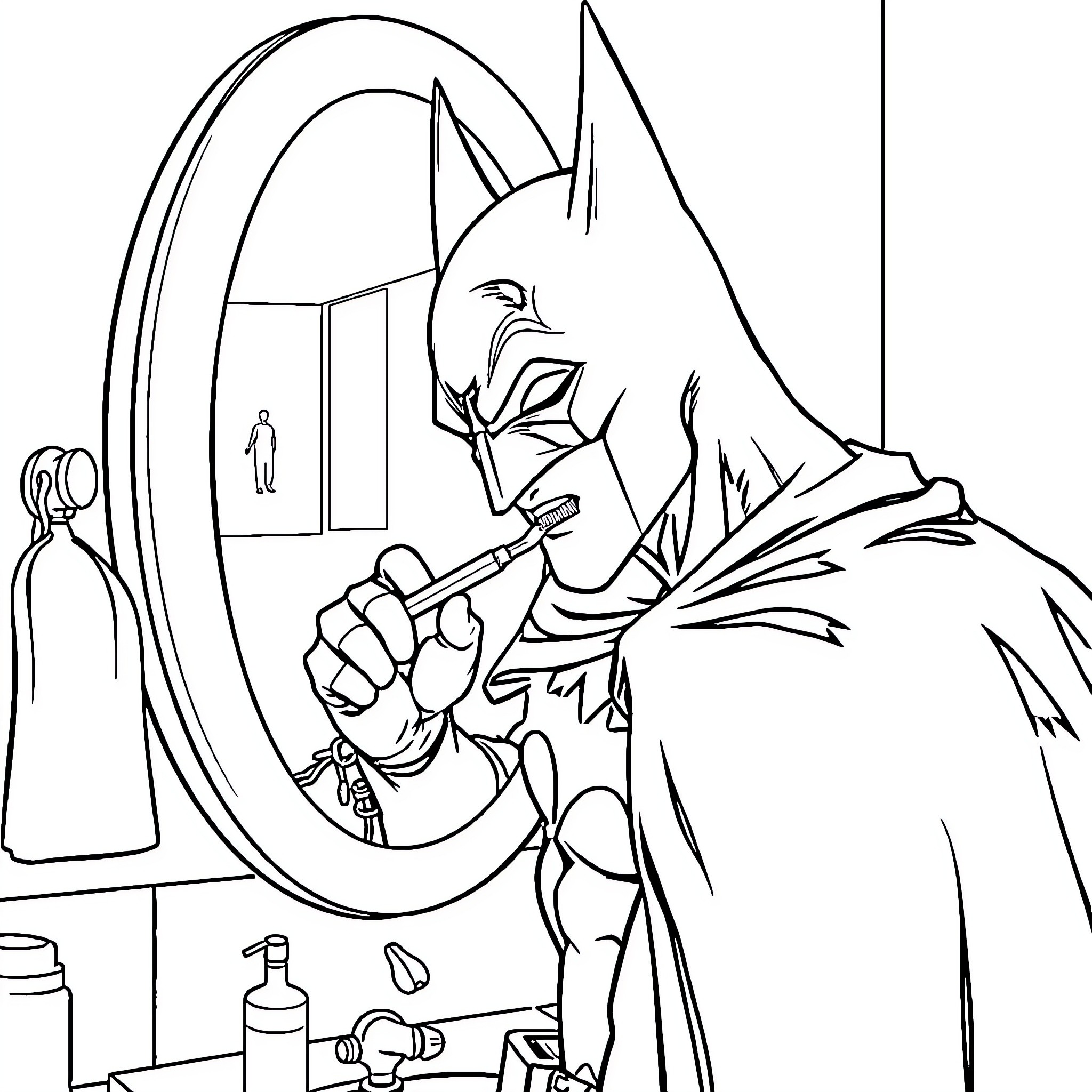 Batman Examining His Reflection in the Mirror Coloring Page (free black-and-white line drawing printable PDF for all, from beginners to advanced learners, including children, teens, adults, and seniors)