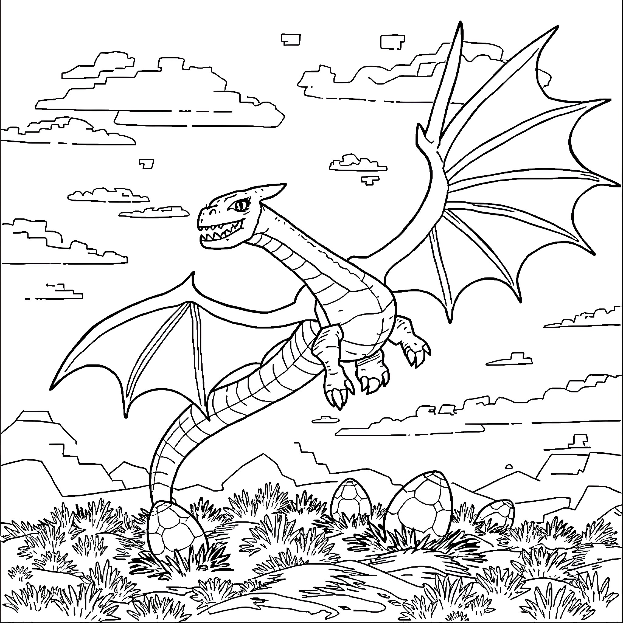 Ender Dragon soaring above rocky terrain with dragon eggs Coloring Page (free black-and-white line drawing printable PDF for all, from beginners to advanced learners, including children, teens, adults, and seniors)