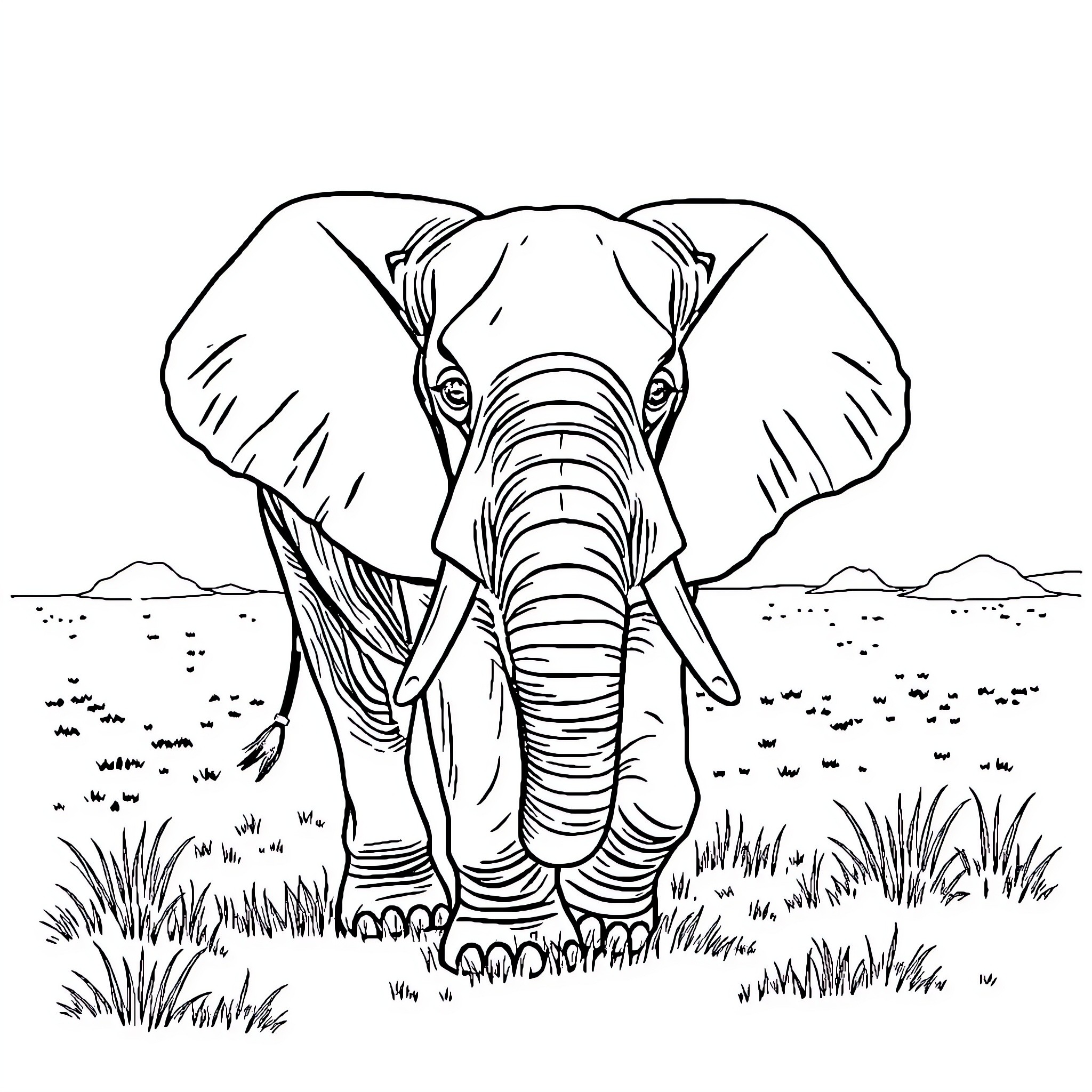 Elephant in a Grassy Savanna Coloring Page (free black-and-white line drawing printable PDF for all, from beginners to advanced learners, including children, teens, adults, and seniors)
