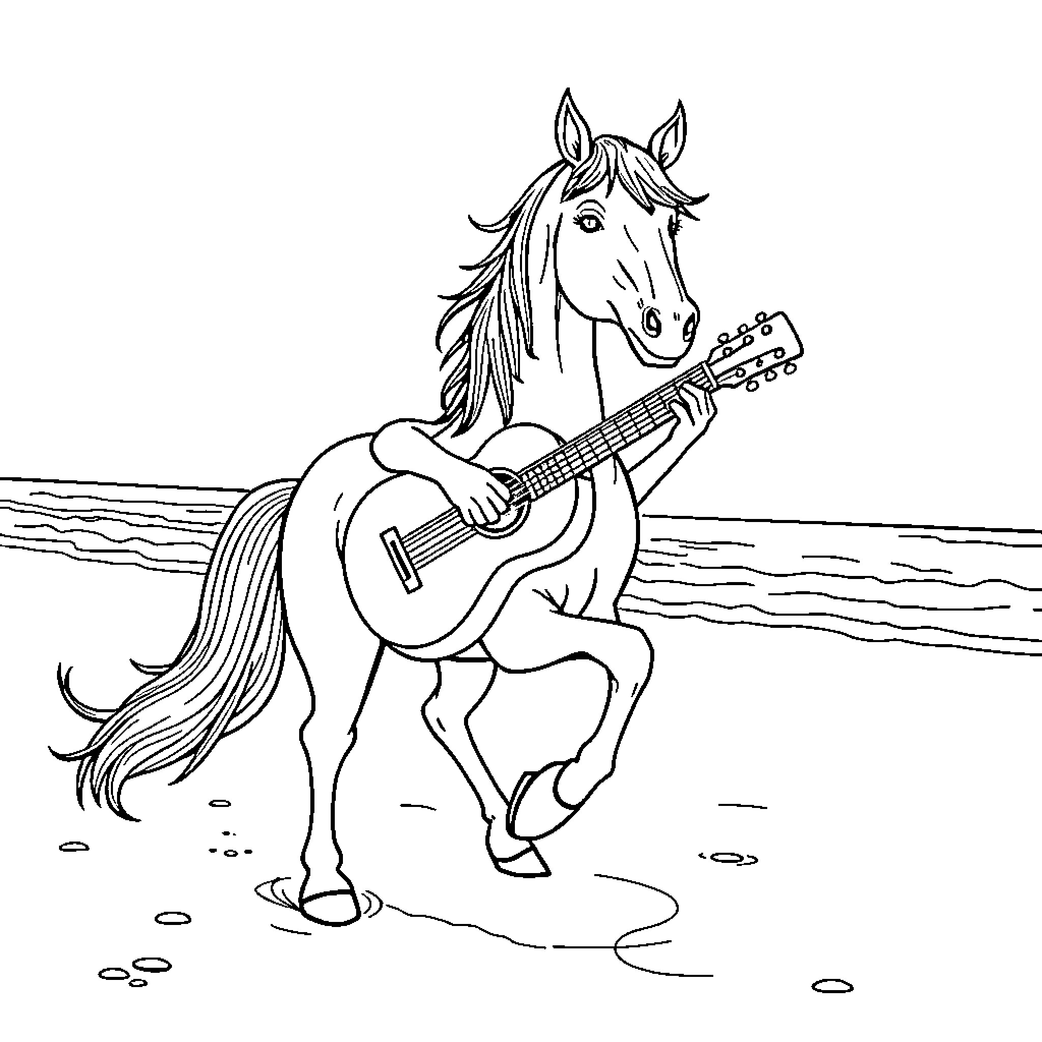 Horse playing guitar on the beach Coloring Page (free black-and-white line drawing printable PDF for all, from beginners to advanced learners, including children, teens, adults, and seniors)