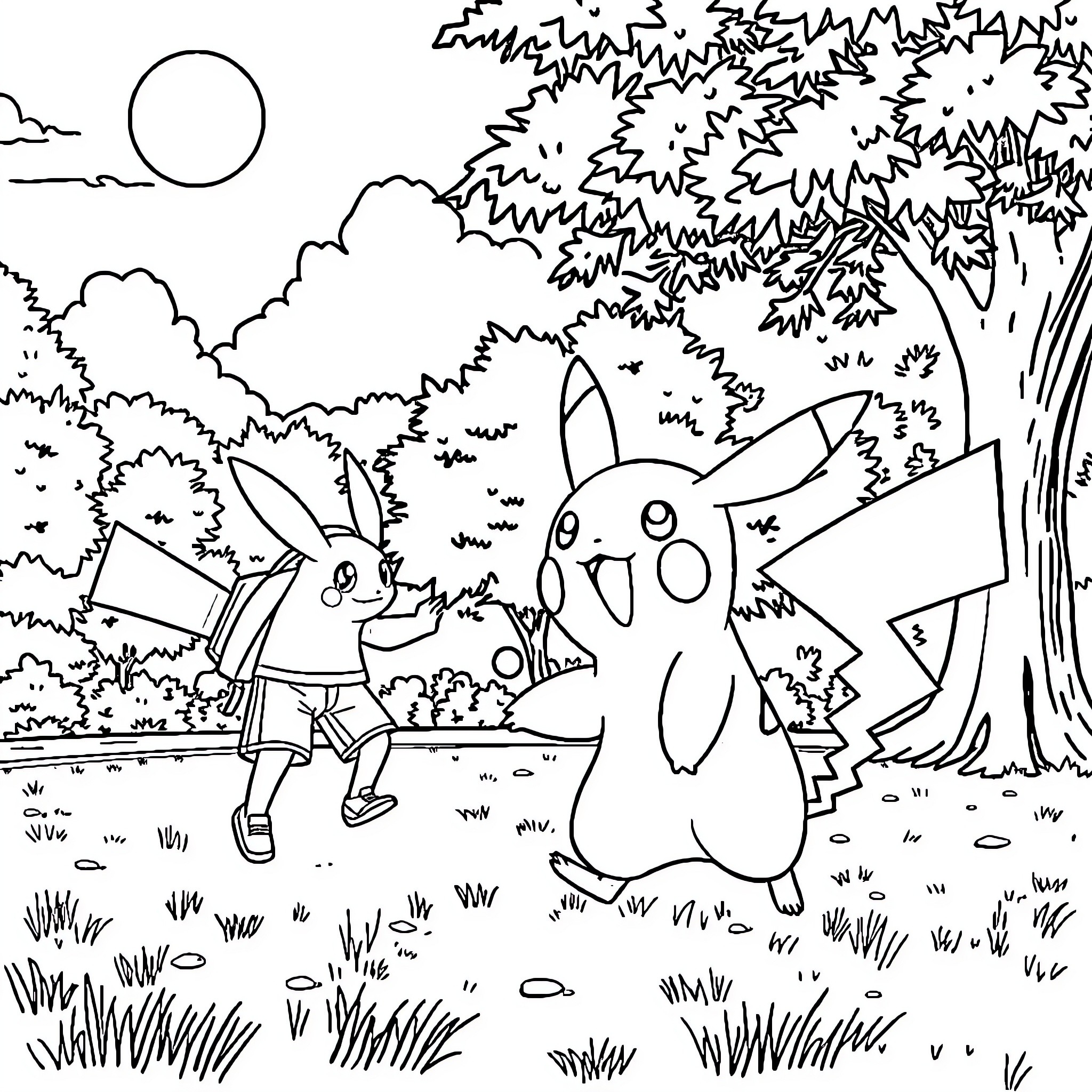 Pikachu exploring the enchanted forest with a friend Coloring Page (free black-and-white line drawing printable PDF for all, from beginners to advanced learners, including children, teens, adults, and seniors)