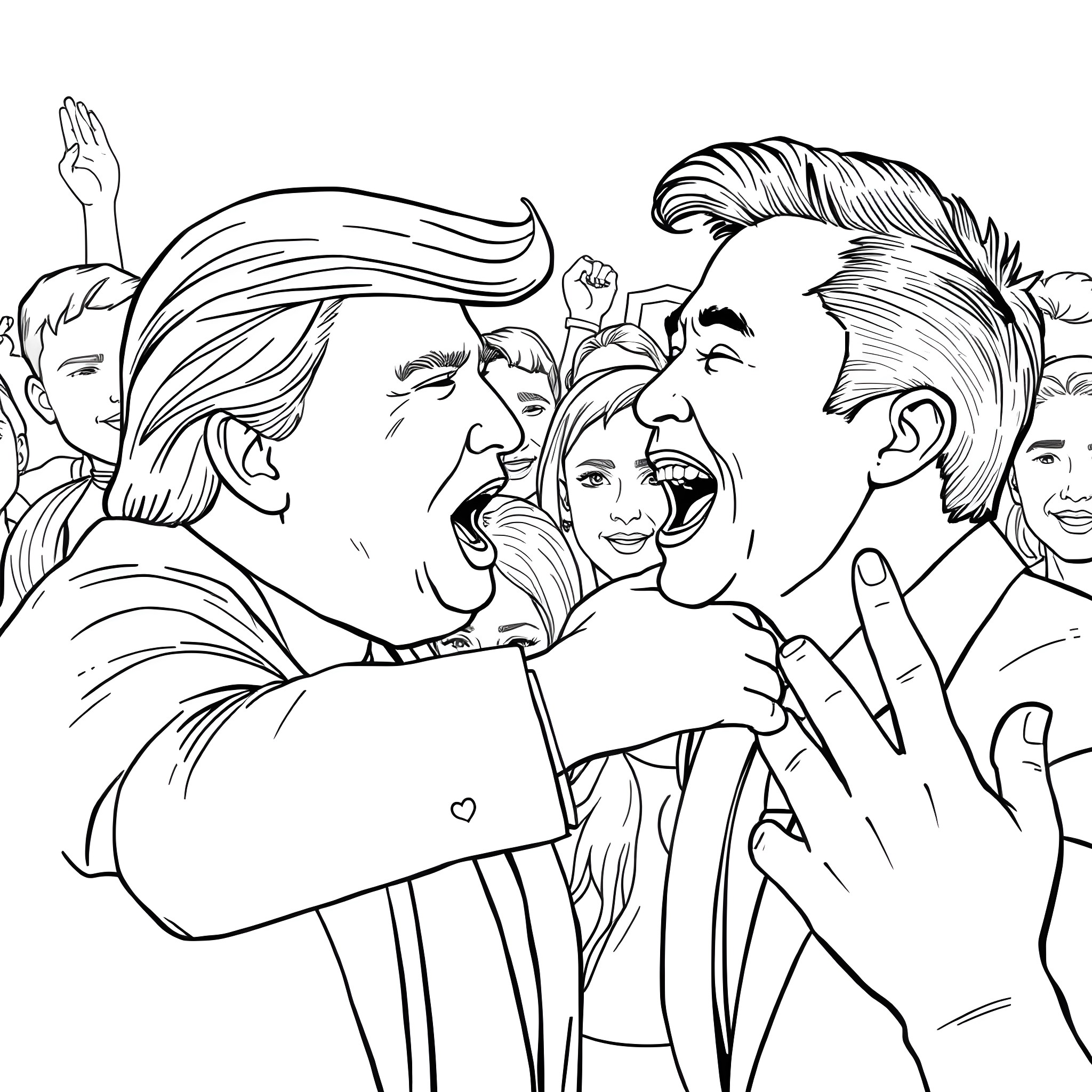Trump Rallying Supporters in Dramatic Scene Coloring Page (free black-and-white line drawing printable PDF for all, from beginners to advanced learners, including children, teens, adults, and seniors)