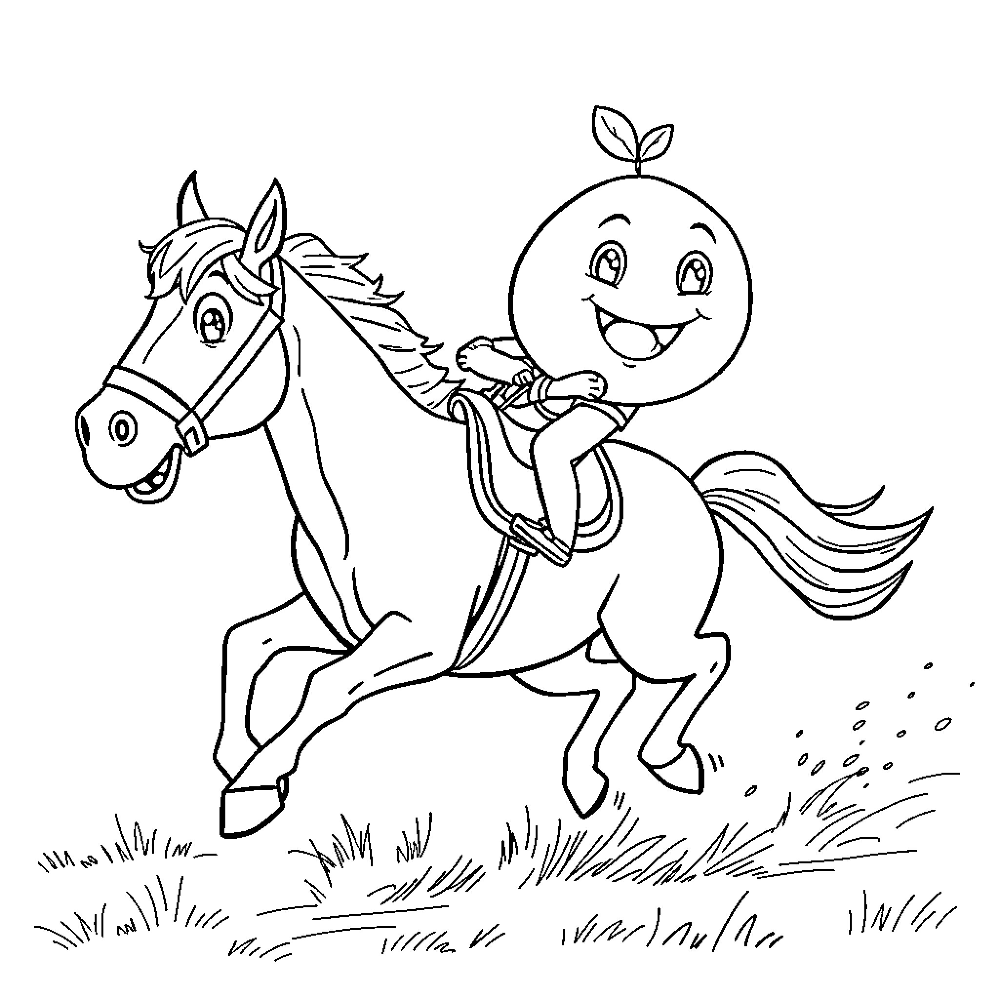 Lemon riding a horse happily through the field Coloring Page (free black-and-white line drawing printable PDF for all, from beginners to advanced learners, including children, teens, adults, and seniors)