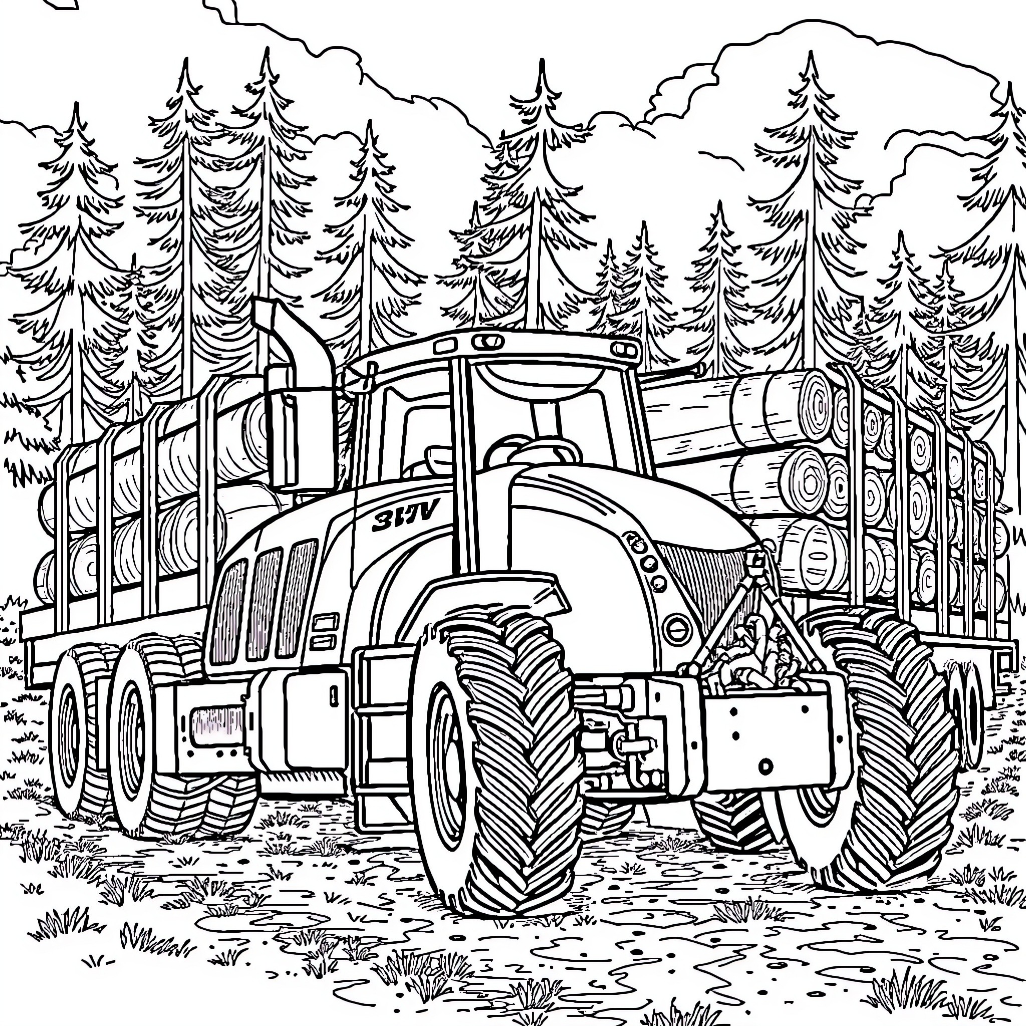 Tractor hauling heavy load through snowy forest landscape Coloring Page (free black-and-white line drawing printable PDF for all, from beginners to advanced learners, including children, teens, adults, and seniors)