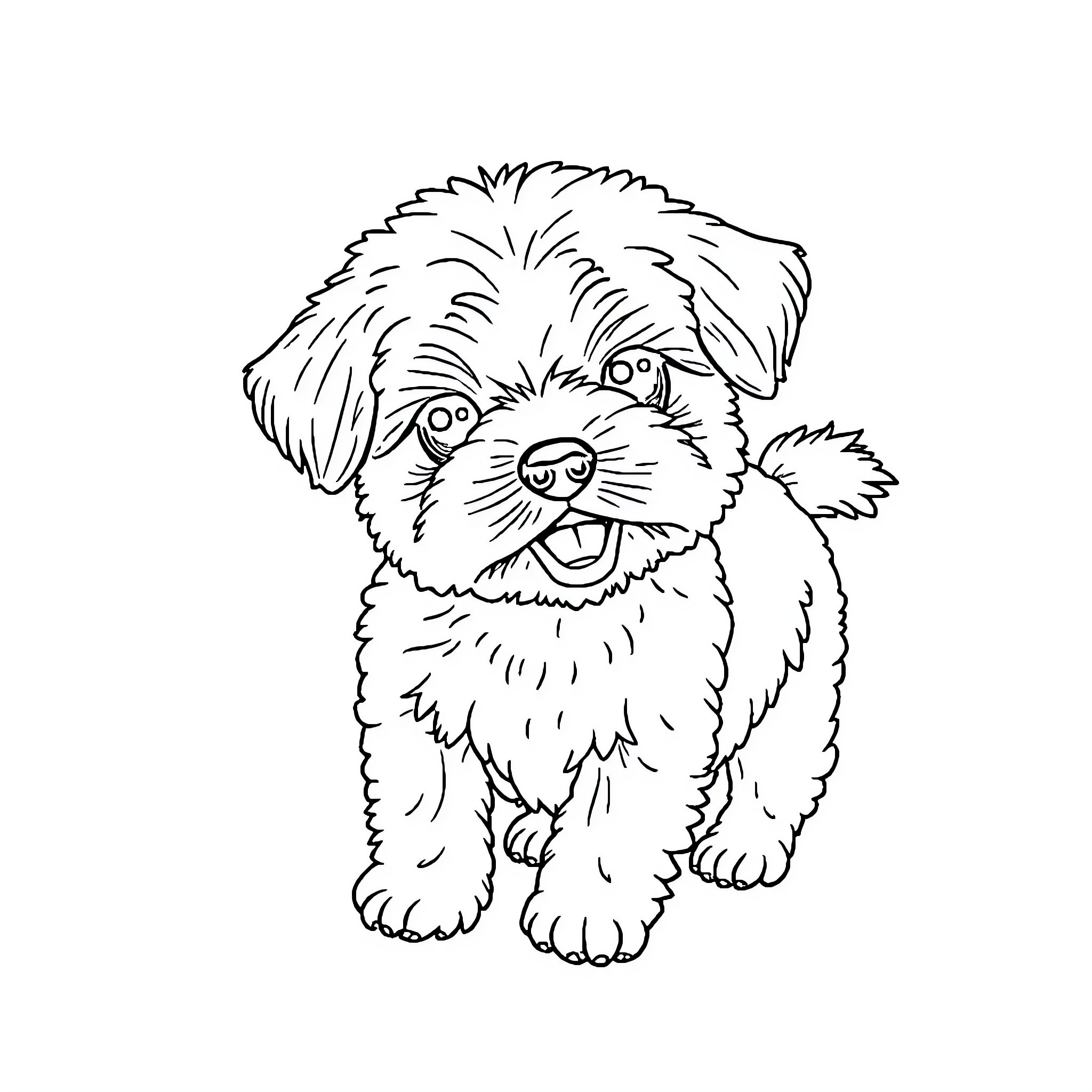 Shih-poo puppy playing happily Coloring Page (free black-and-white line drawing printable PDF for all, from beginners to advanced learners, including children, teens, adults, and seniors)