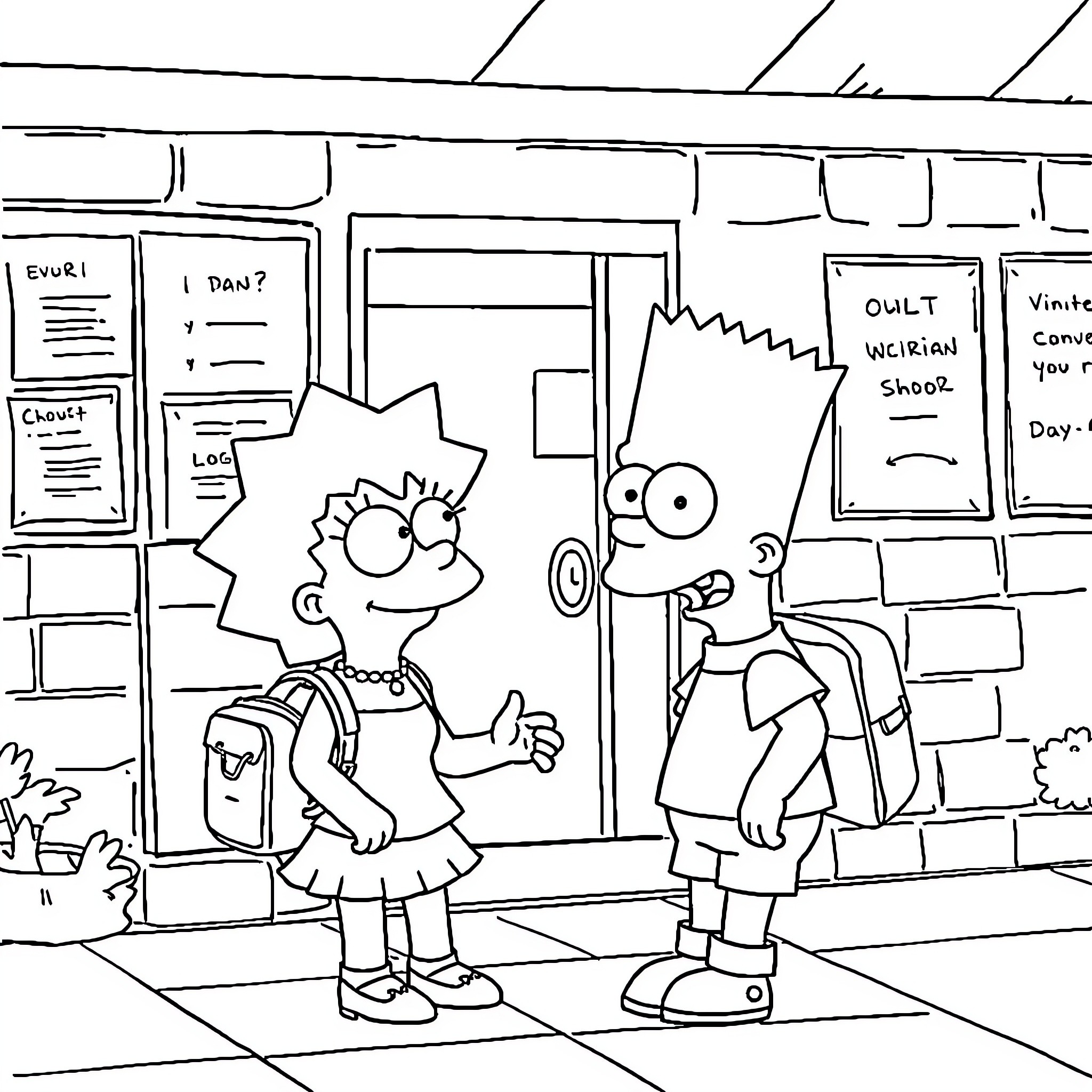 Bart Simpson and a friend at the store Coloring Page (free black-and-white line drawing printable PDF for all, from beginners to advanced learners, including children, teens, adults, and seniors)