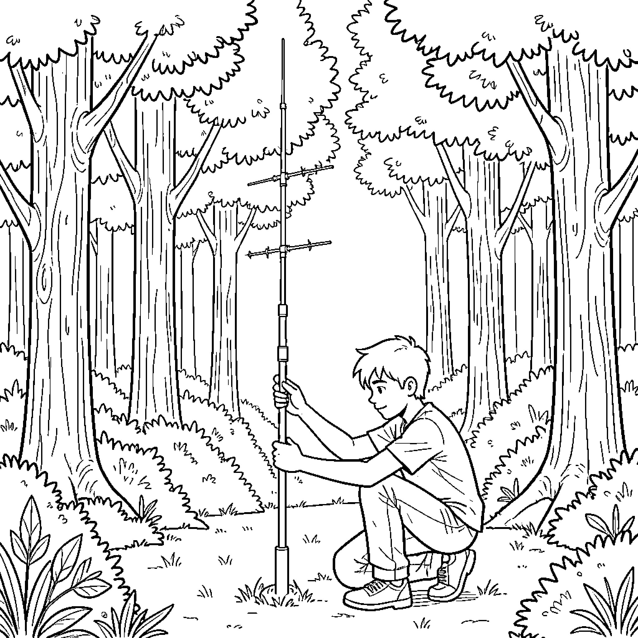 Boy exploring the mysterious forest Coloring Page (free black-and-white line drawing printable PDF for all, from beginners to advanced learners, including children, teens, adults, and seniors)