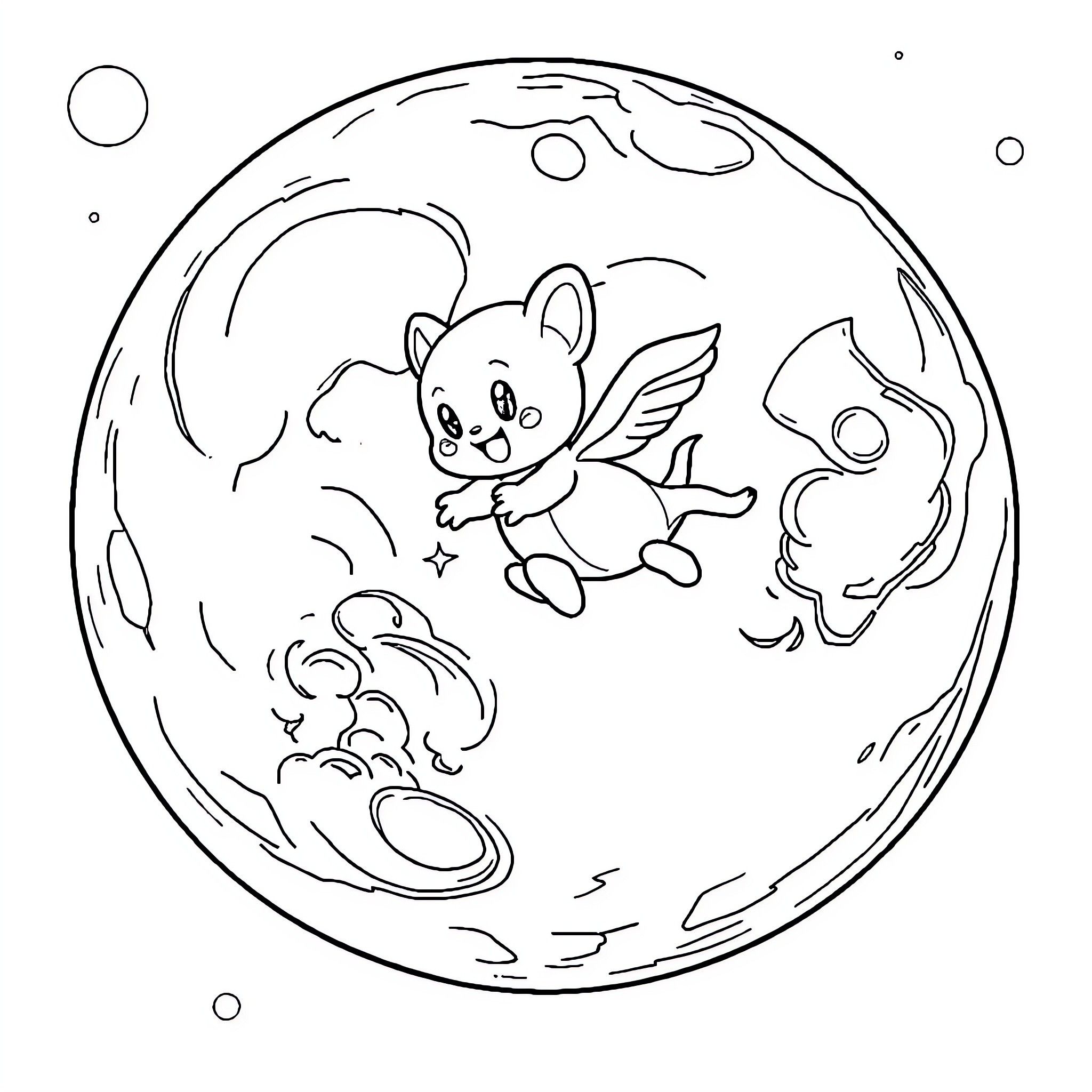 Bluey playing on the moon with friends Coloring Page (free black-and-white line drawing printable PDF for all, from beginners to advanced learners, including children, teens, adults, and seniors)