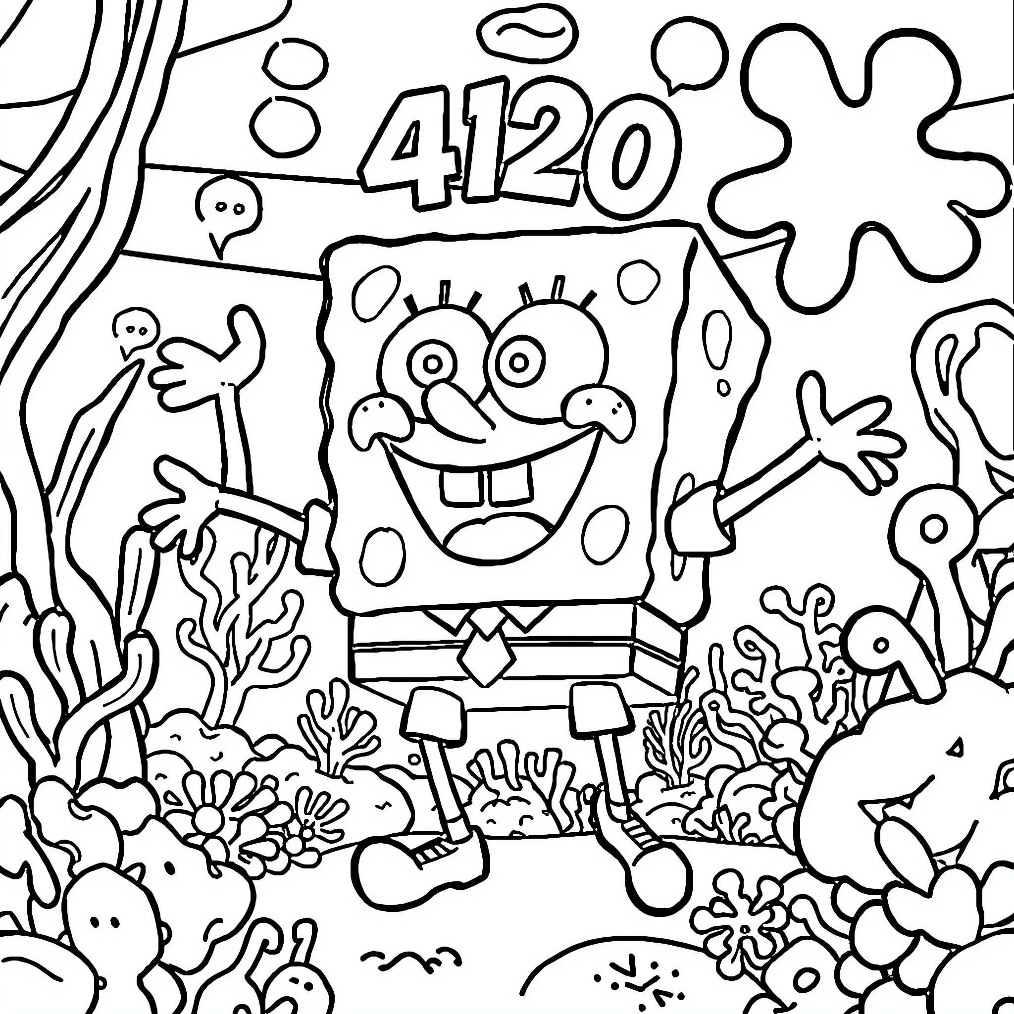 Spongebob celebrating 420 with underwater friends Coloring Page (free black-and-white line drawing printable PDF for all, from beginners to advanced learners, including children, teens, adults, and seniors)