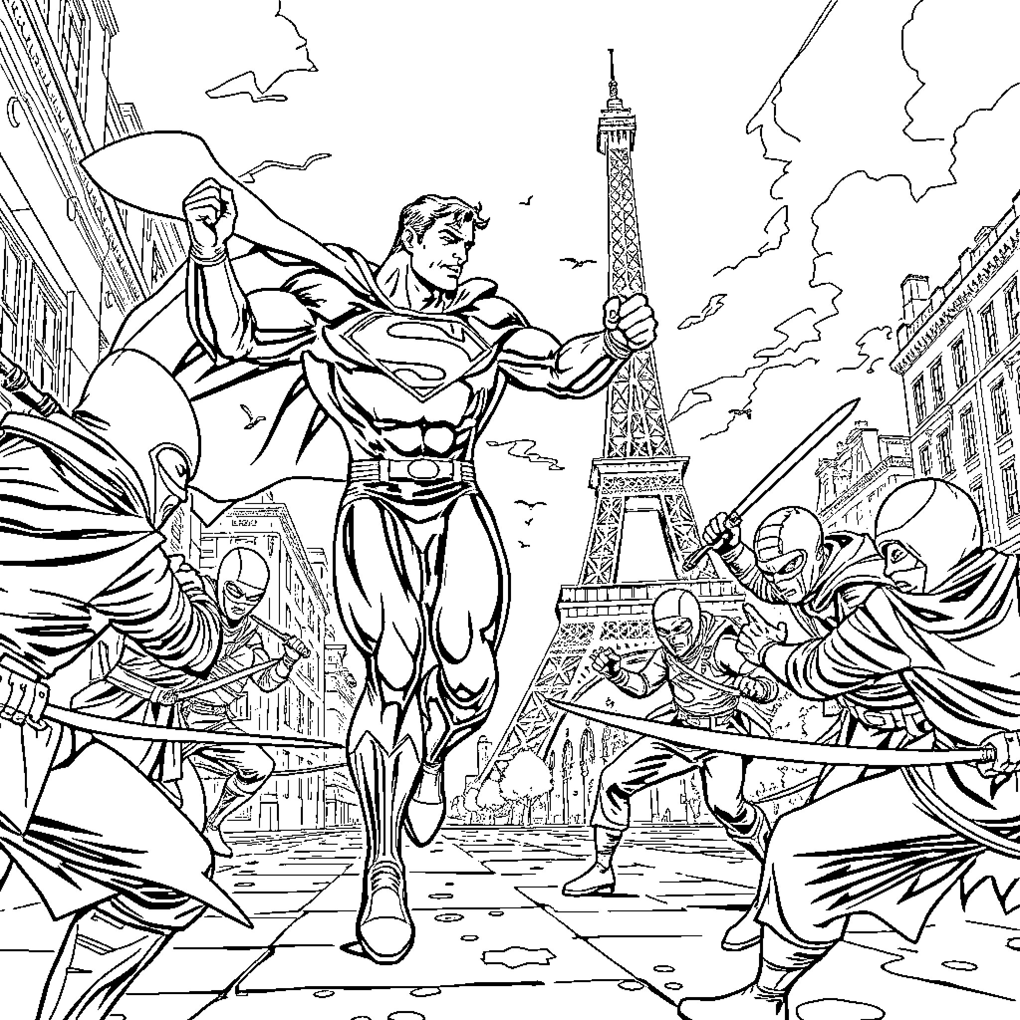 Superman heroically saves the day in Paris Coloring Page (free black-and-white line drawing printable PDF for all, from beginners to advanced learners, including children, teens, adults, and seniors)