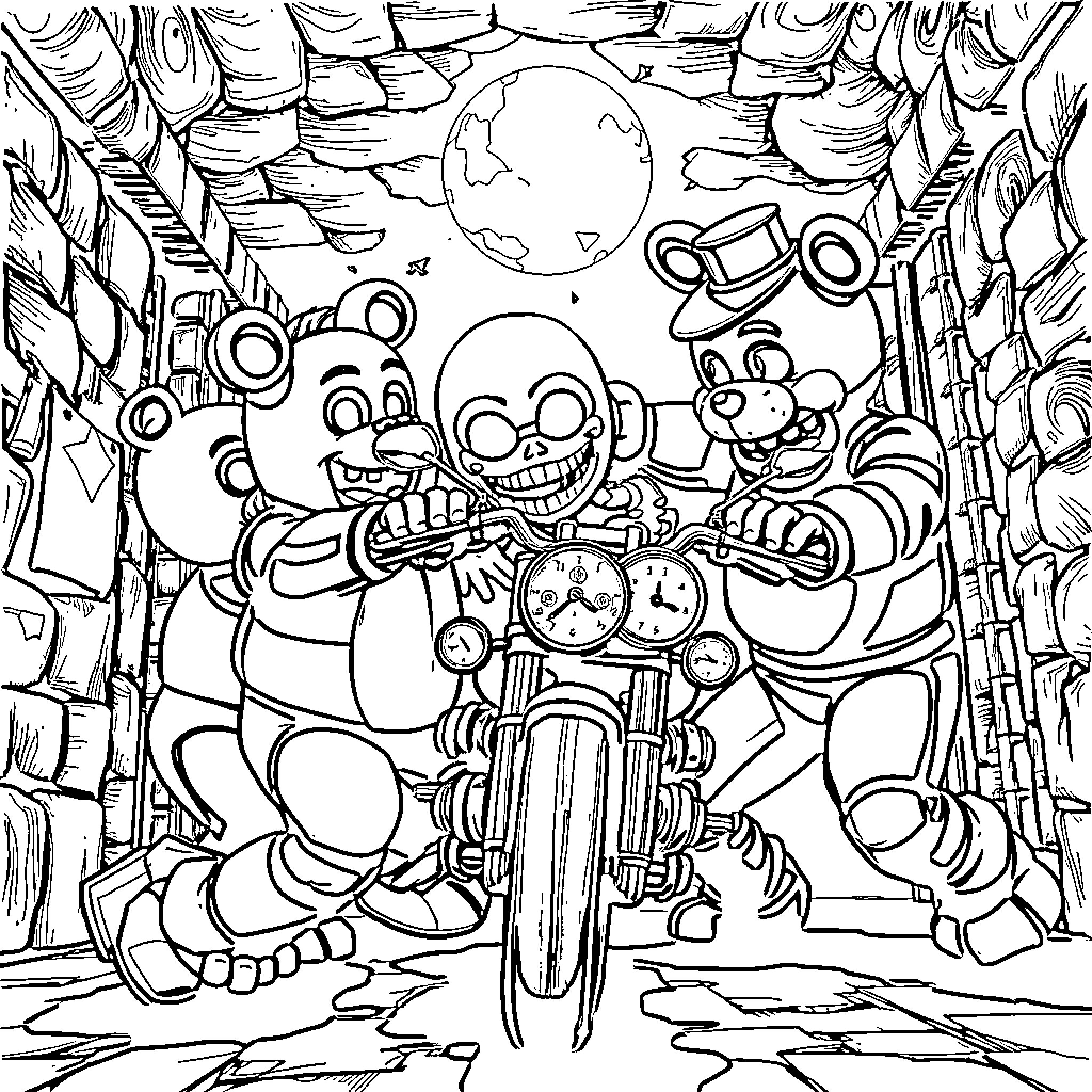 Five Nights At Freddy's Animatronics on Motorcycle Adventure Coloring Page (free black-and-white line drawing printable PDF for all, from beginners to advanced learners, including children, teens, adults, and seniors)