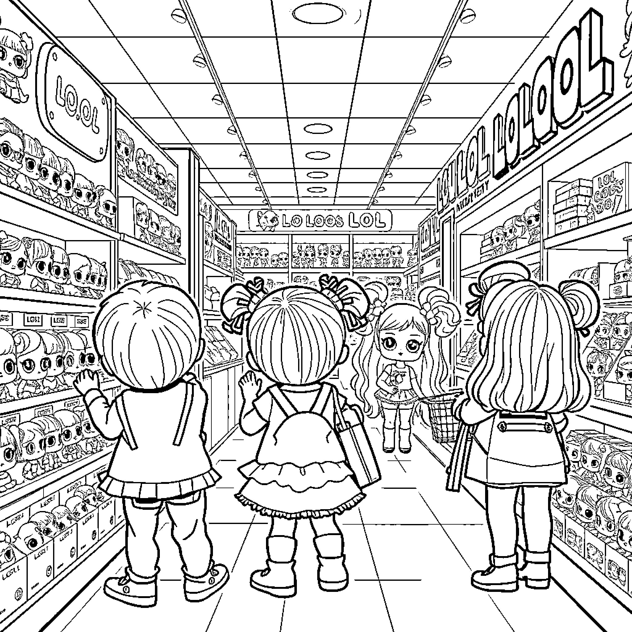 Lol Dolls exploring the toy store Coloring Page (free black-and-white line drawing printable PDF for all, from beginners to advanced learners, including children, teens, adults, and seniors)