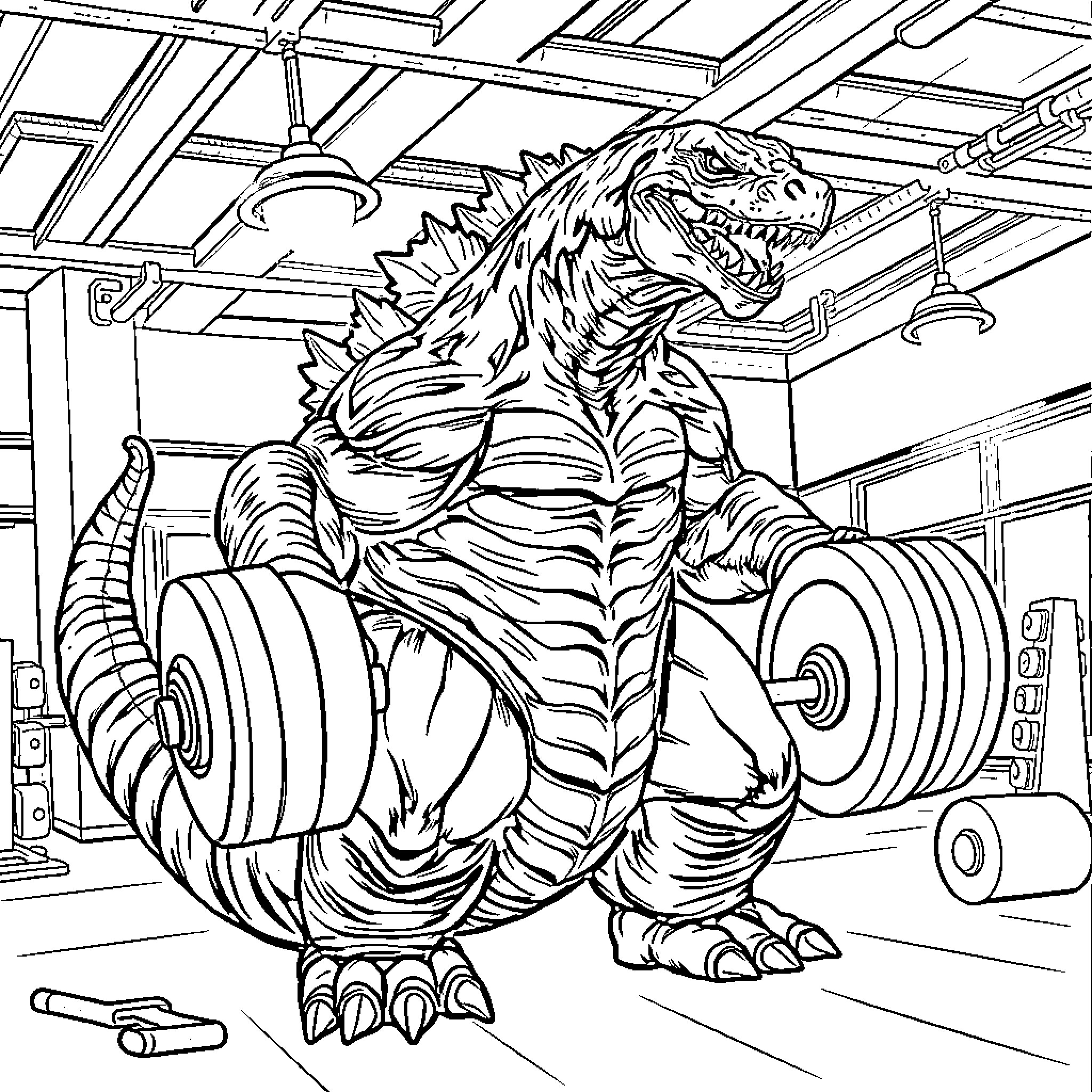 Godzilla lifting weights in the gym Coloring Page (free black-and-white line drawing printable PDF for all, from beginners to advanced learners, including children, teens, adults, and seniors)