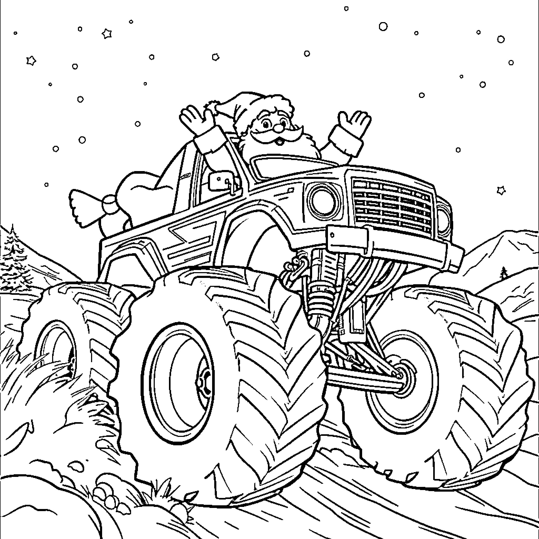 Santa driving a monster truck in the winter Coloring Page (free black-and-white line drawing printable PDF for all, from beginners to advanced learners, including children, teens, adults, and seniors)