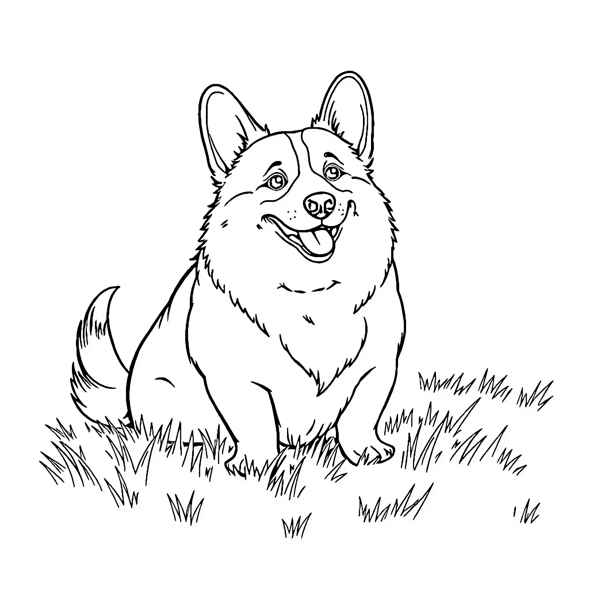 Corgi playing happily in the grass Coloring Page (free black-and-white line drawing printable PDF for all, from beginners to advanced learners, including children, teens, adults, and seniors)