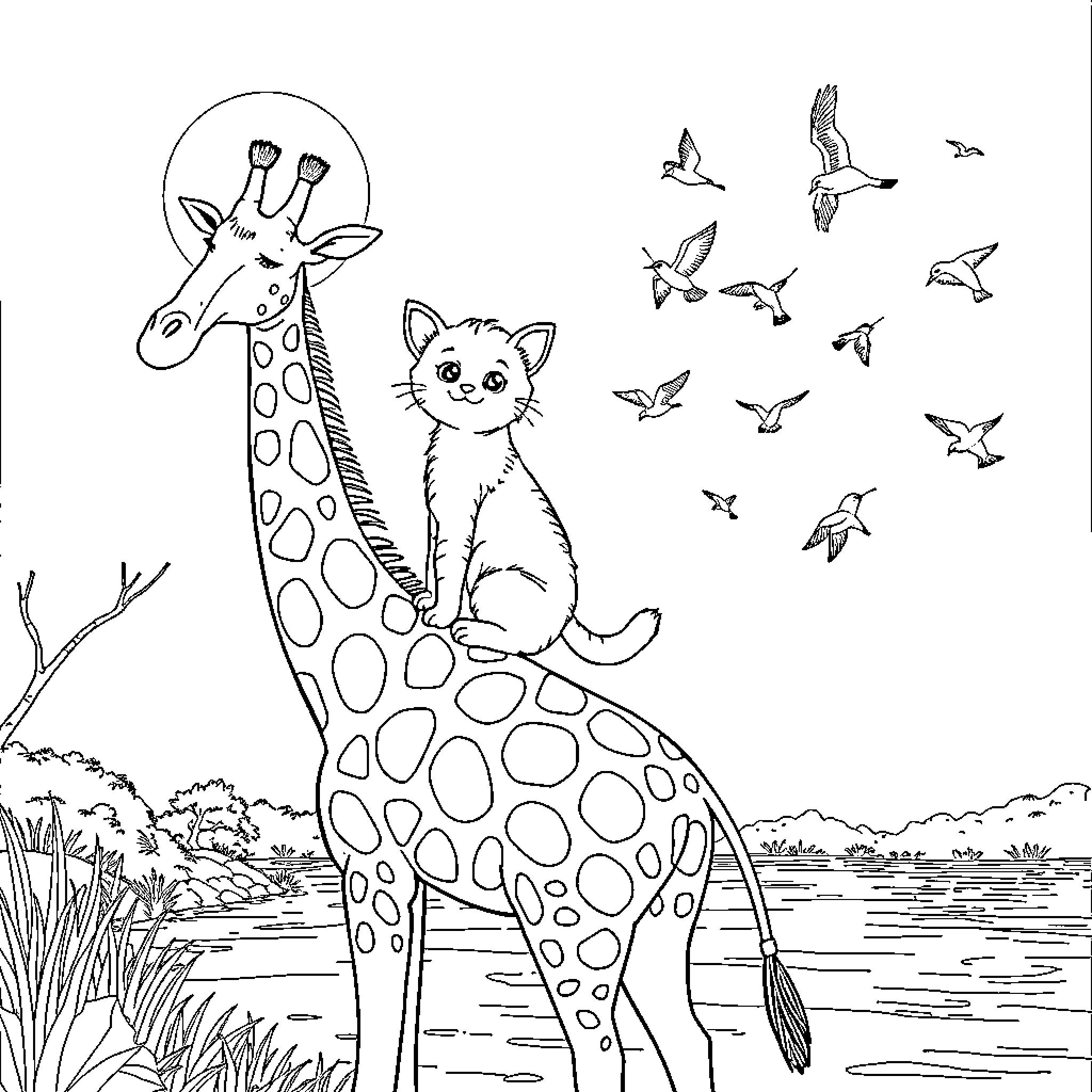 Cat and Giraffe in Whimsical Landscape Coloring Page (free black-and-white line drawing printable PDF for all, from beginners to advanced learners, including children, teens, adults, and seniors)
