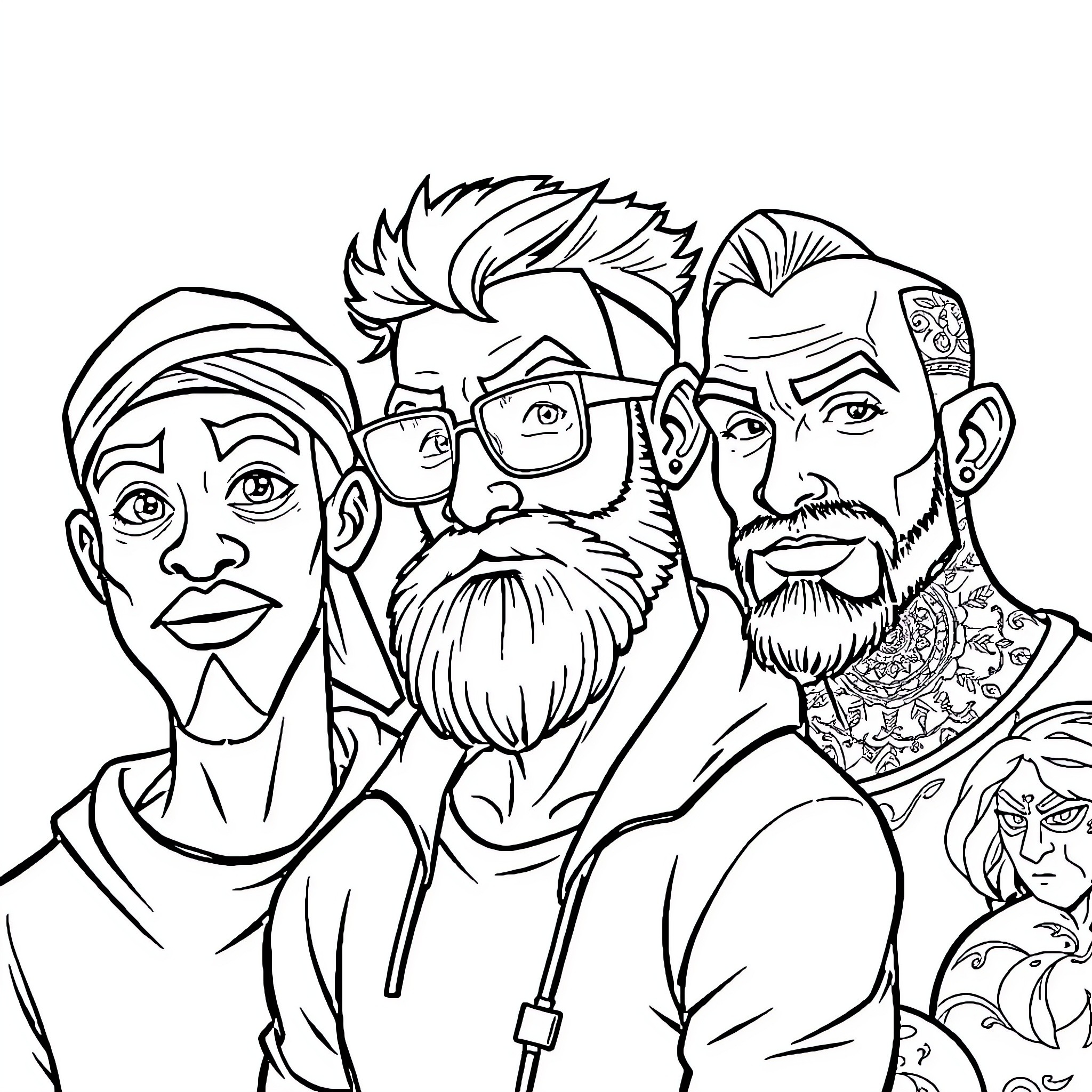 Superhero Squad Assembling for Action Coloring Page (free black-and-white line drawing printable PDF for all, from beginners to advanced learners, including children, teens, adults, and seniors)