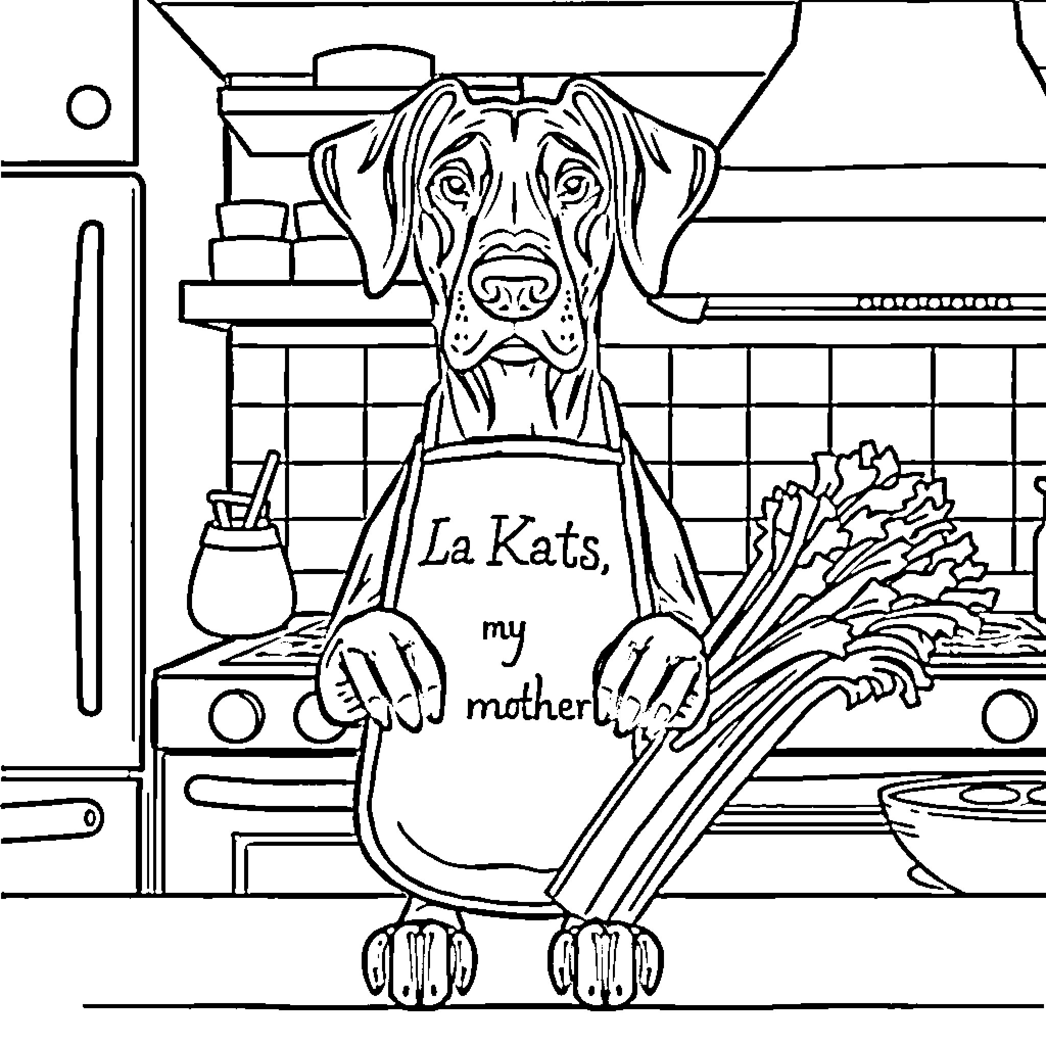 Doberman sitting in kitchen with text on apron Coloring Page (free black-and-white line drawing printable PDF for all, from beginners to advanced learners, including children, teens, adults, and seniors)