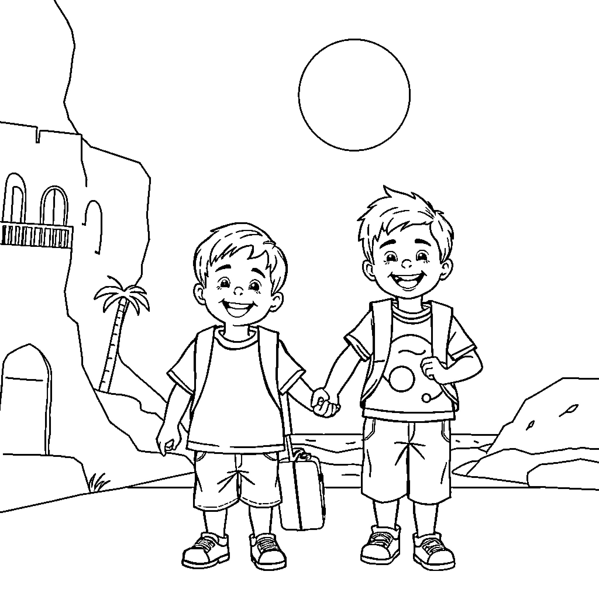 Boys exploring the desert landscape together Coloring Page (free black-and-white line drawing printable PDF for all, from beginners to advanced learners, including children, teens, adults, and seniors)